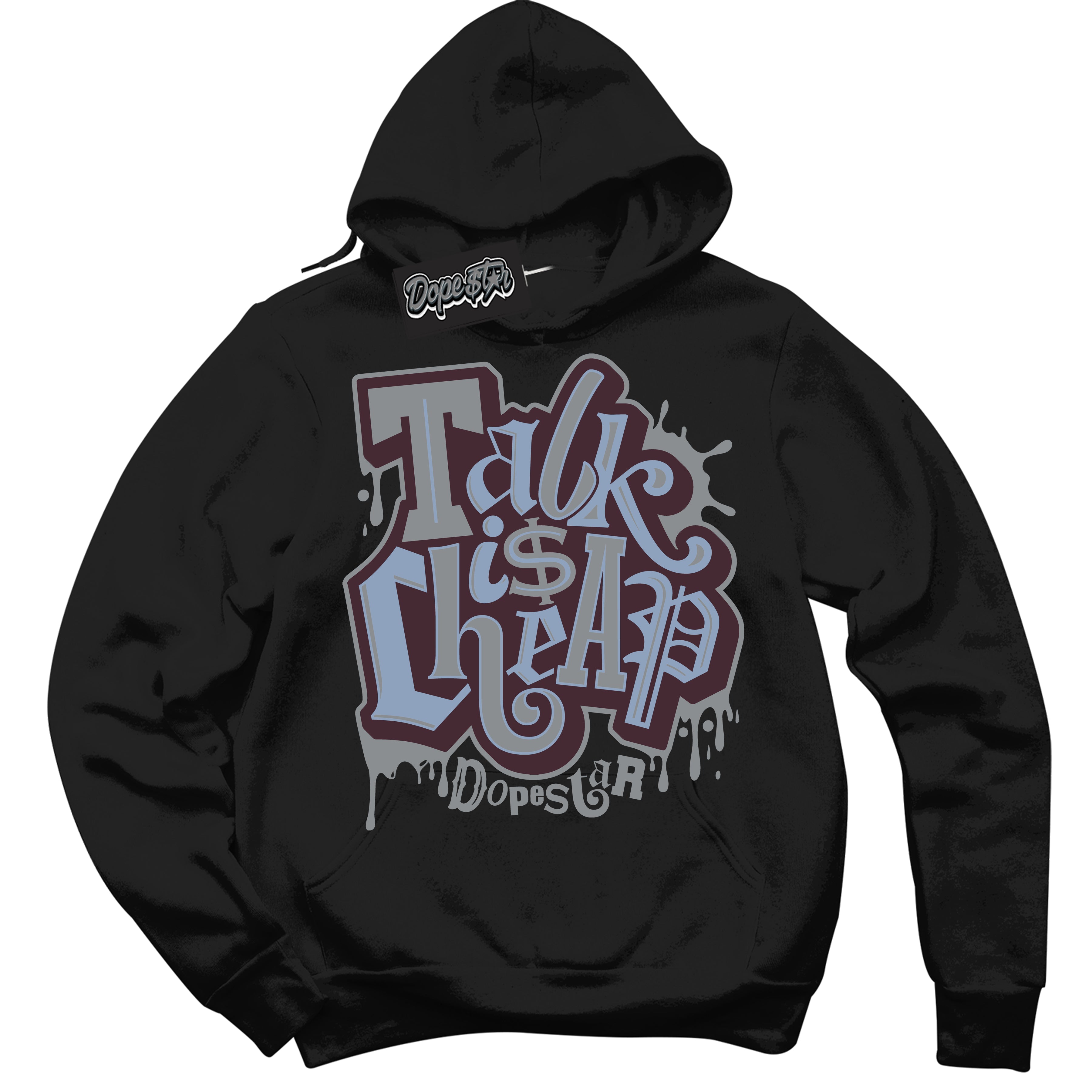 Cool Black Hoodie with “ Talk Is Cheap ” design that Perfectly Matches Burgundy 5s Sneakers.