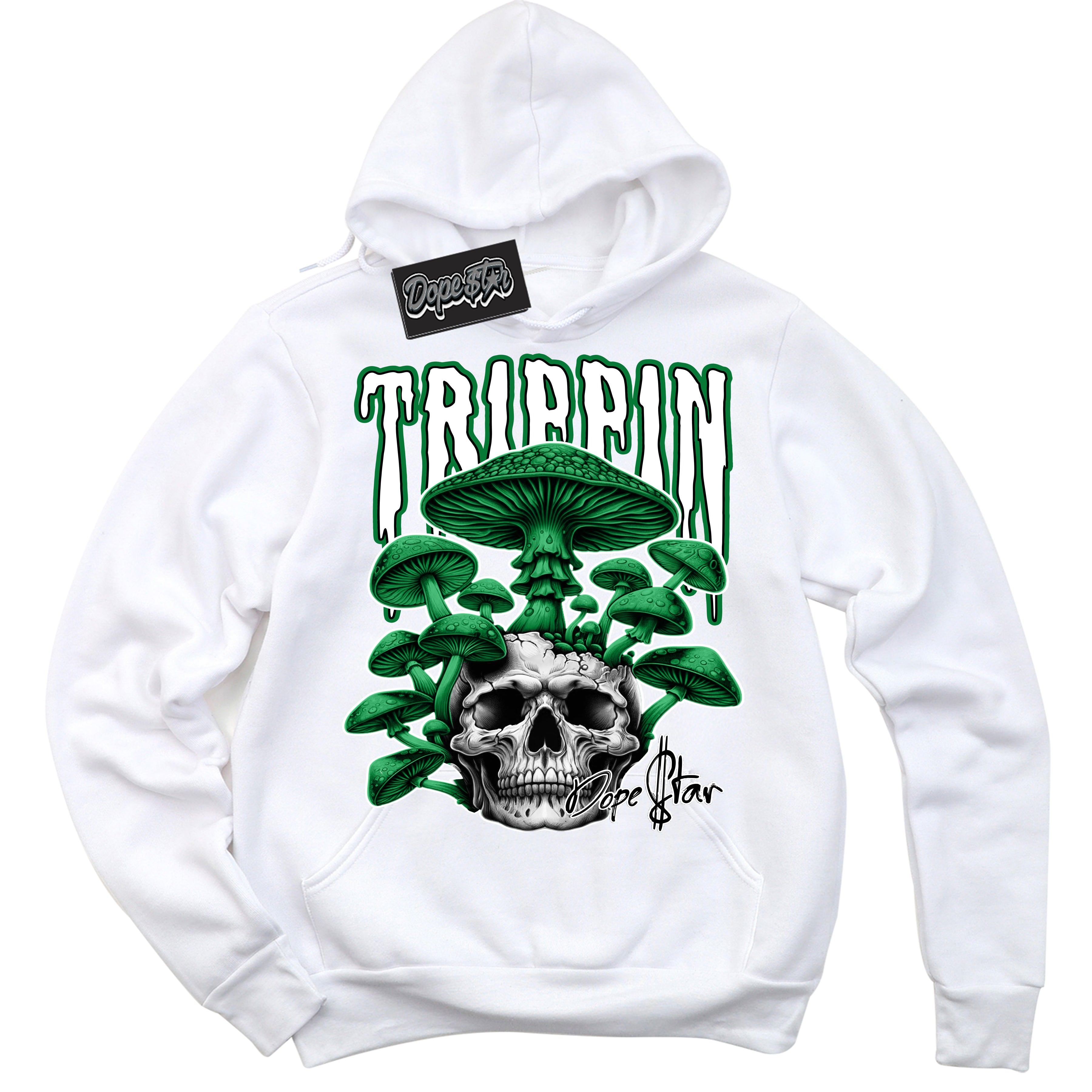 Cool White Hoodie with “ Trippin” design that Perfectly Matches Lucky Green 5s Sneakers.