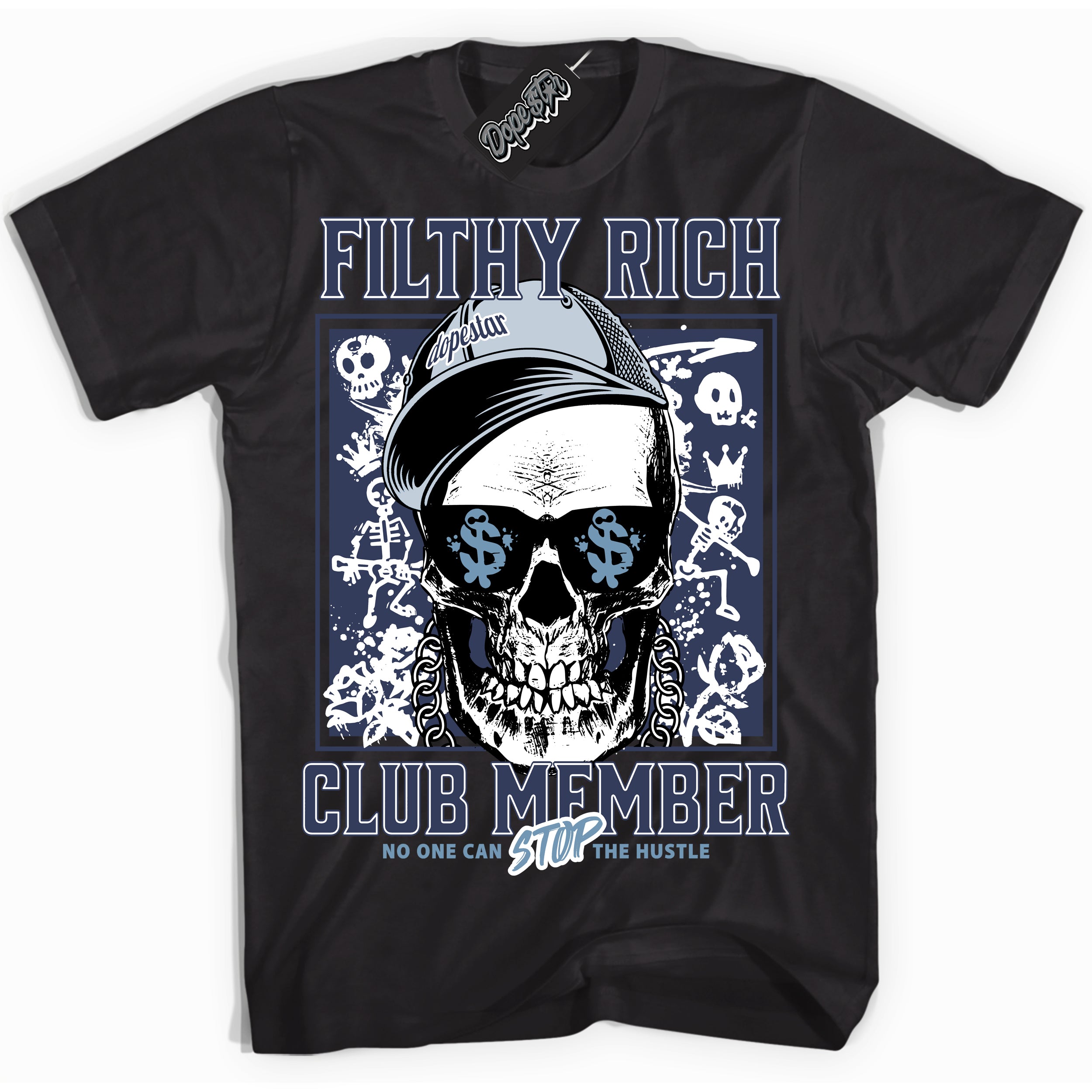 Cool Black Shirt with “ Filthy Rich” design that perfectly matches Midnight Navy 5s Sneakers.