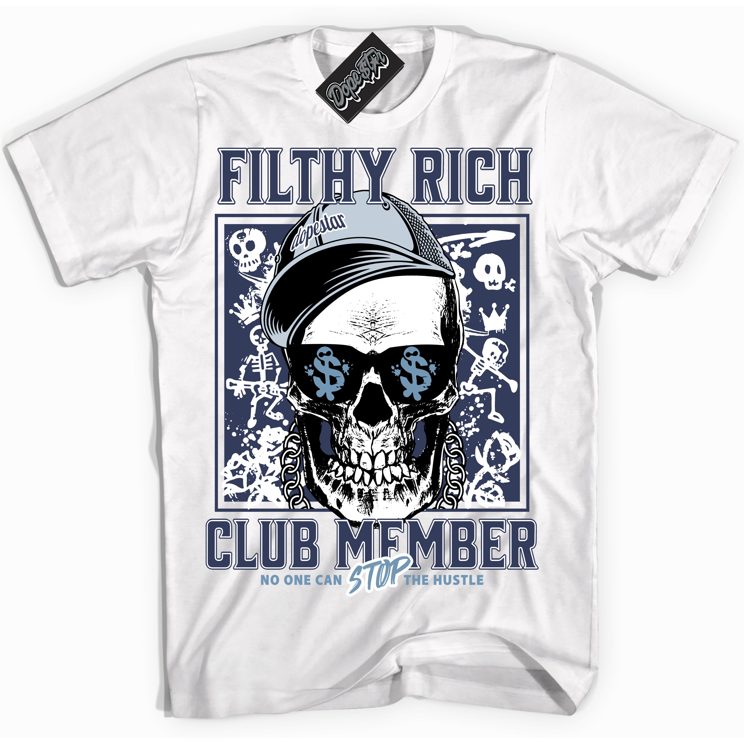 Cool White Shirt with “ Filthy Rich” design that perfectly matches Midnight Navy 5s Sneakers.