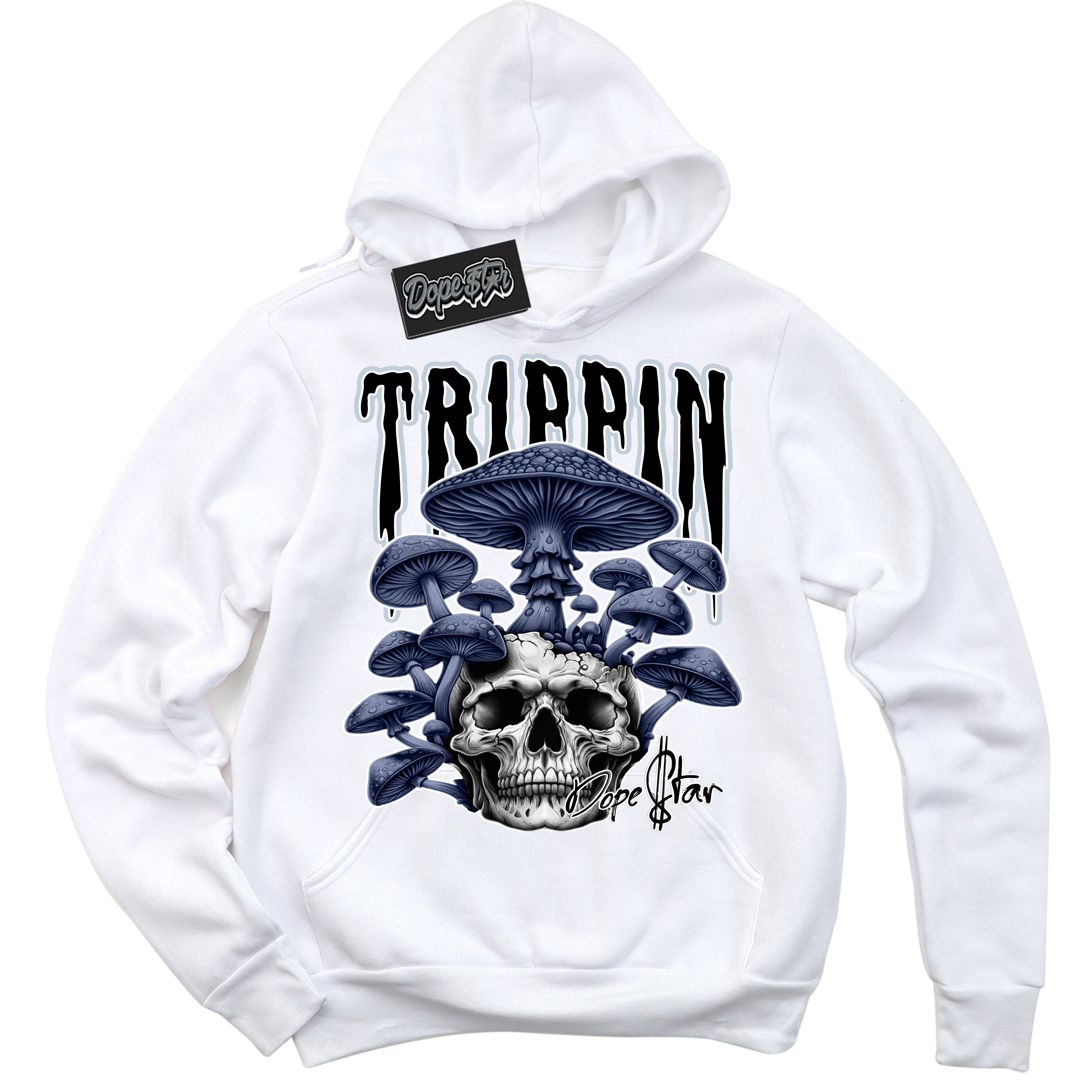 Cool White Hoodie with “ Trippin” design that Perfectly Matches Midnight Navy 5s Sneakers.