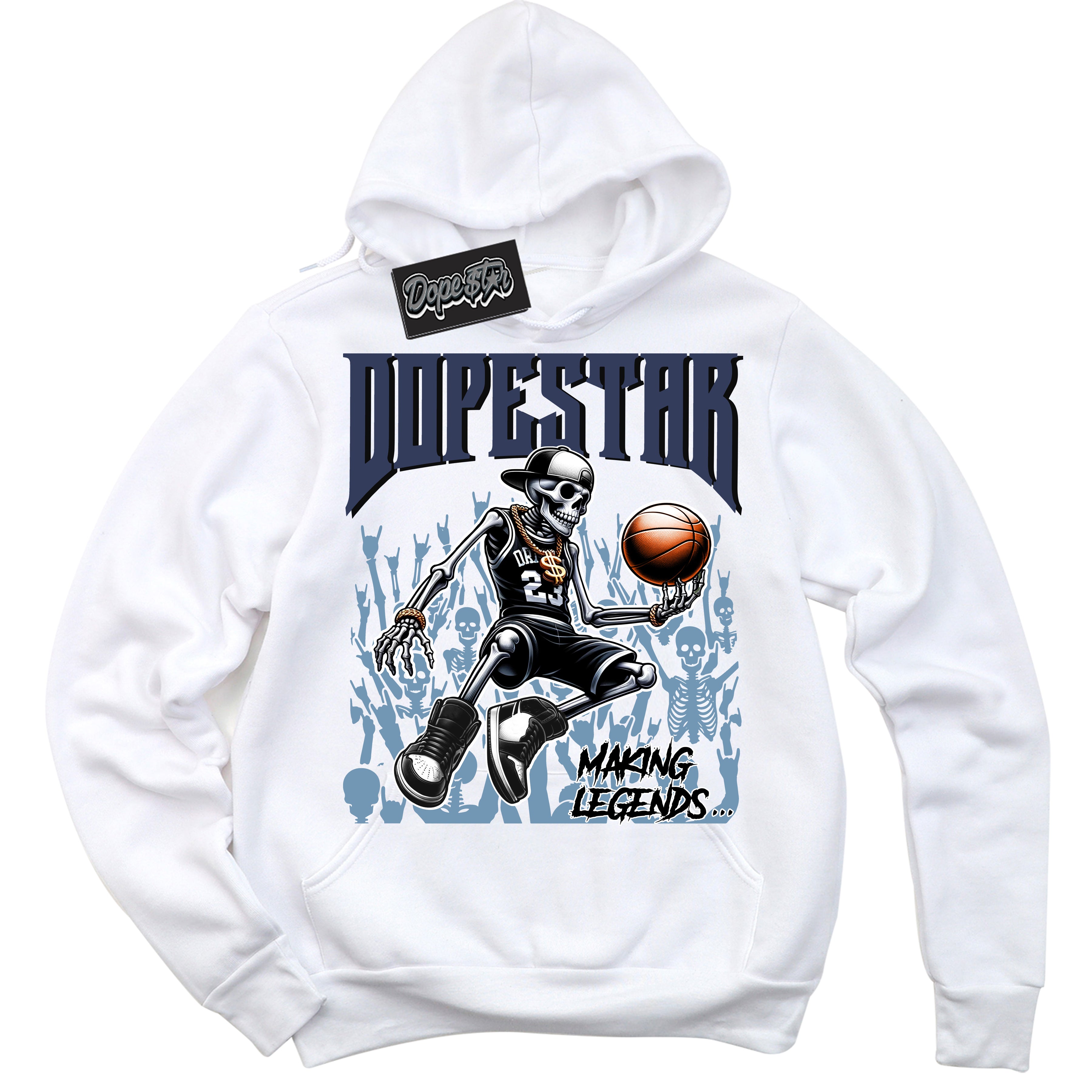 Cool White Hoodie with “ Making Legends ” design that Perfectly Matches Midnight Navy 5s Sneakers.