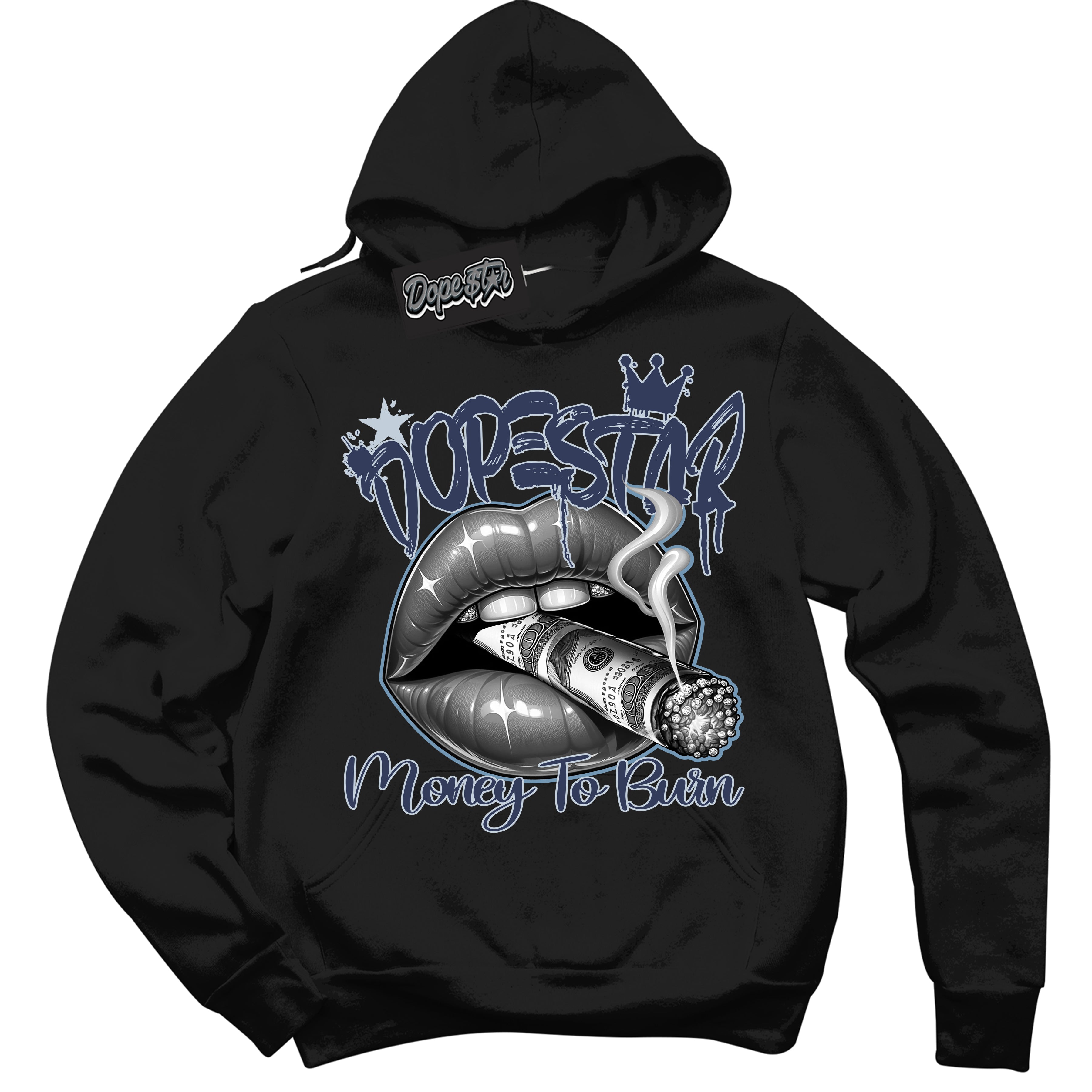 Cool Black Hoodie with “ Money To Burn ” design that Perfectly Matches Midnight Navy 5s Sneakers.