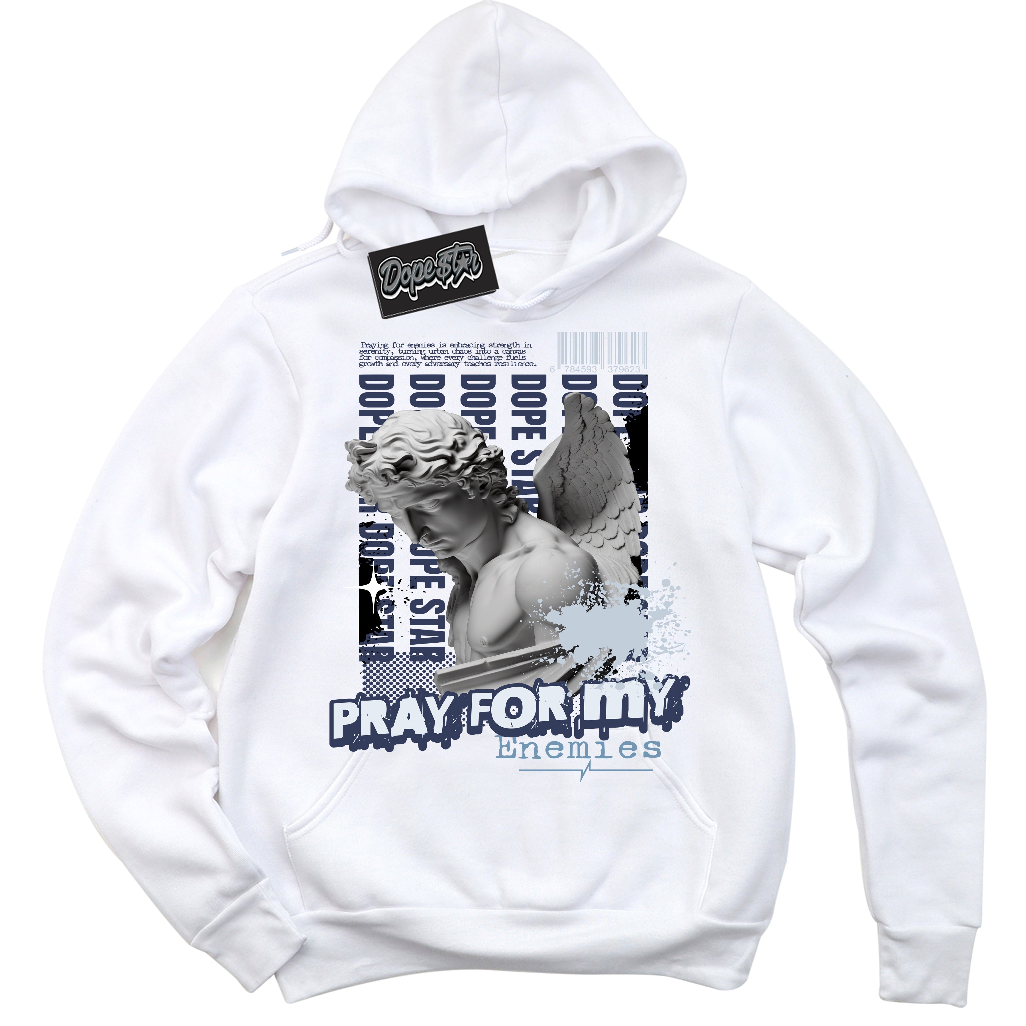 Cool White Hoodie with “ Pray Enemies ” design that Perfectly Matches Midnight Navy 5s Sneakers.