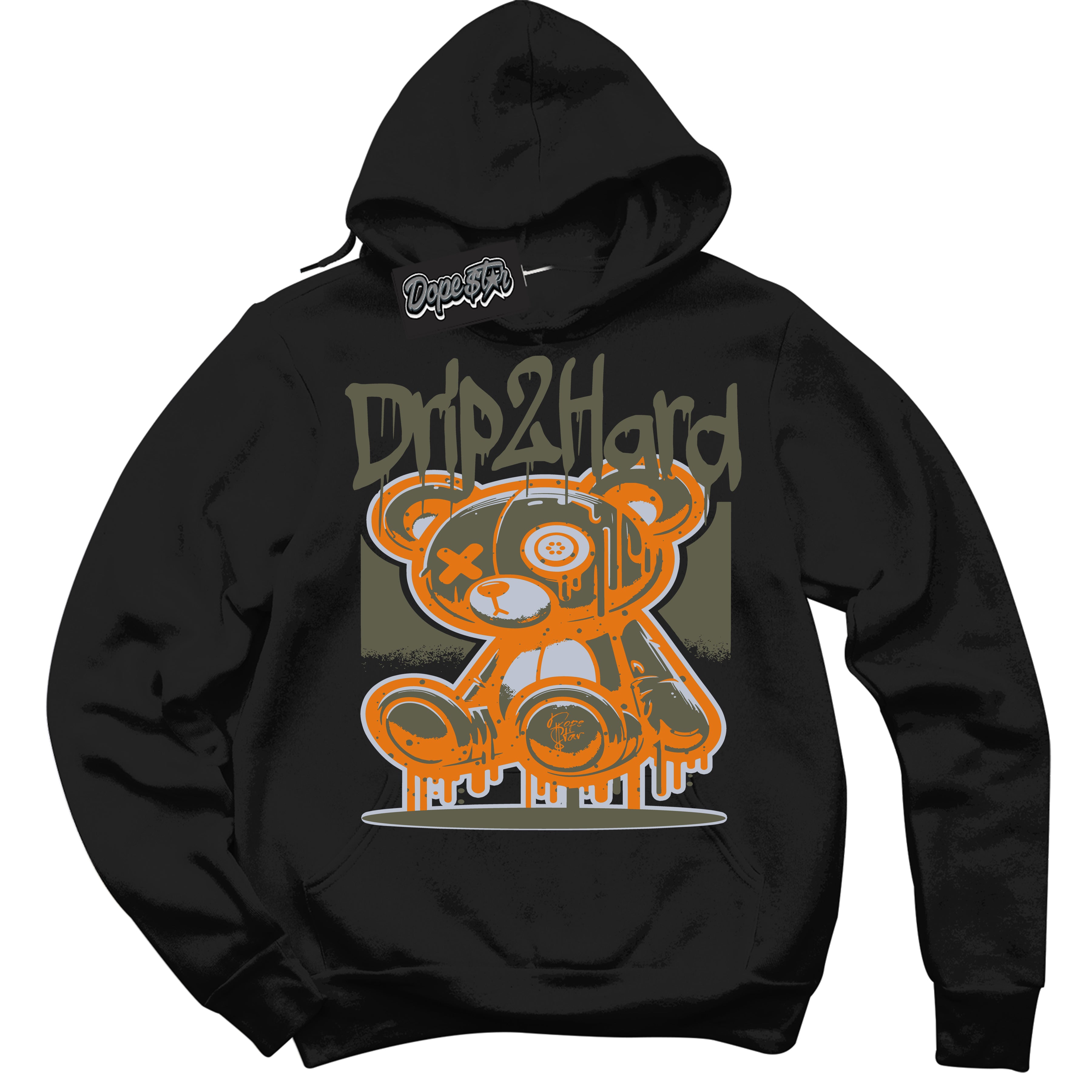 Cool Black Hoodie with “ Drip 2 Hard ” design that Perfectly Matches Olive 5s Sneakers.