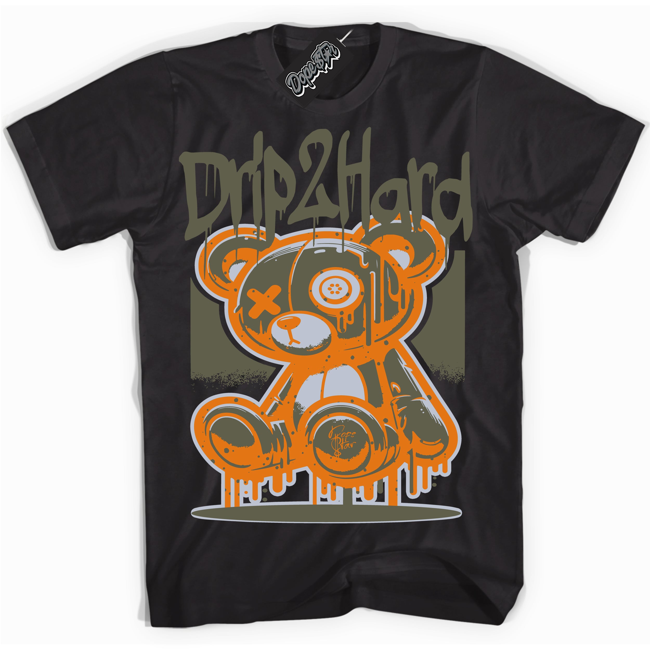 Cool Black graphic tee with “ Drip 2 Hard ” print, that perfectly matches Olive 5s sneakers