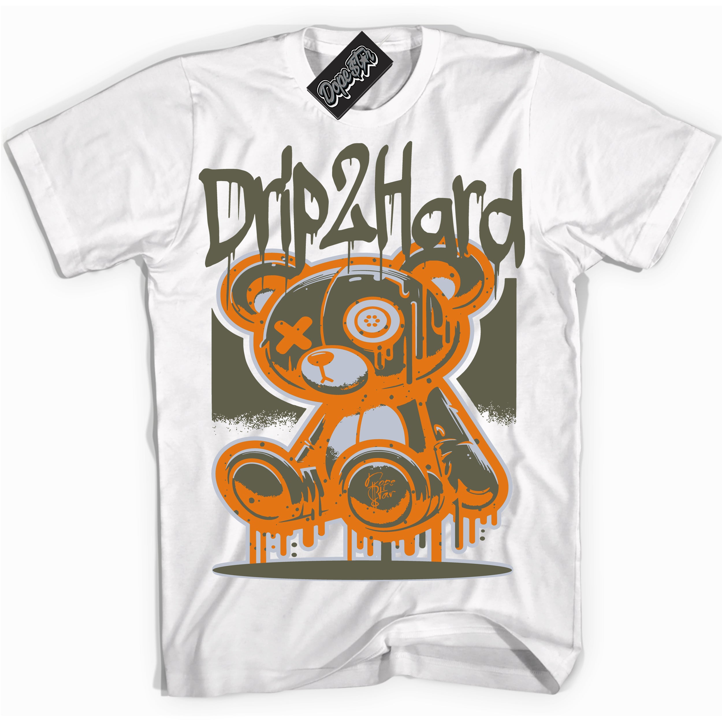 Cool White graphic tee with “ Drip 2 Hard ” print, that perfectly matches Olive 5s sneakers