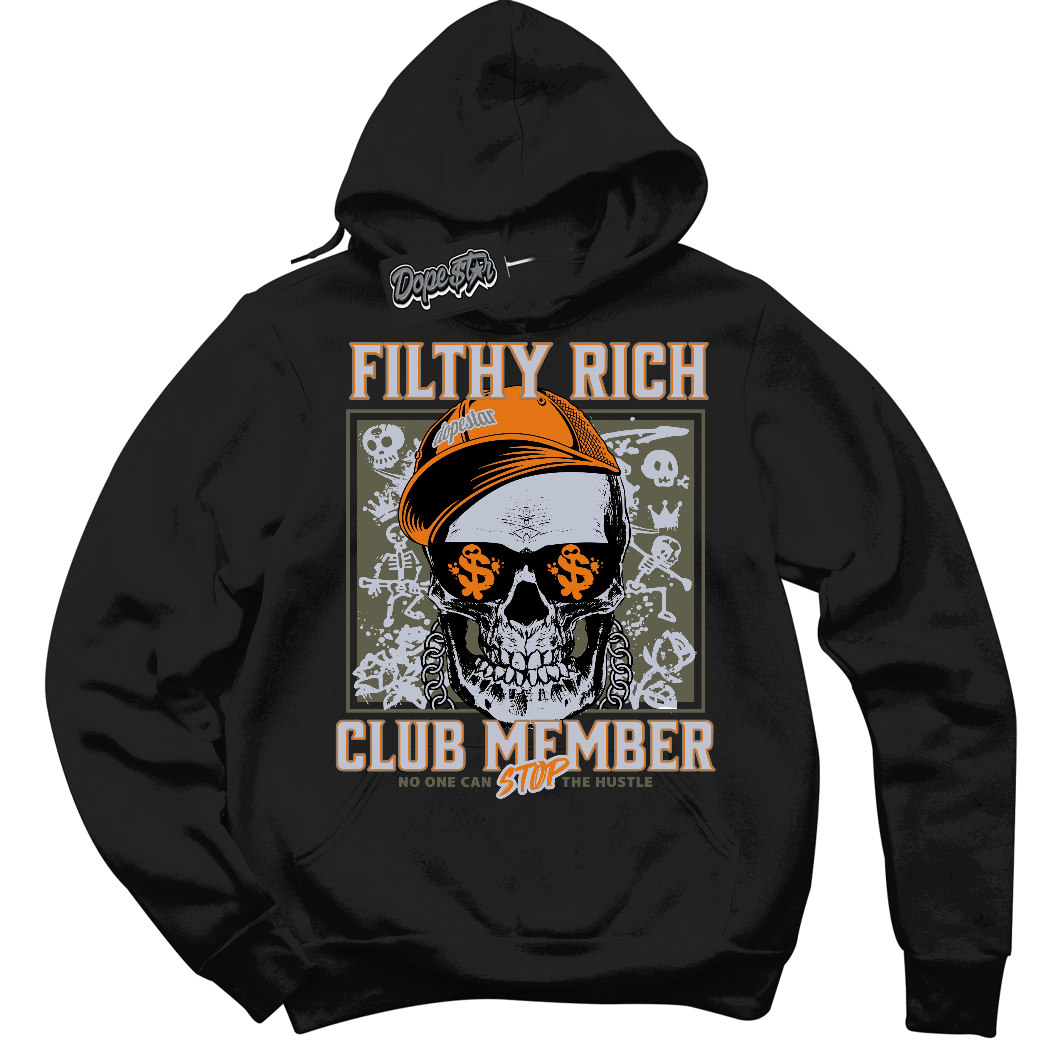 Cool Black Hoodie with “ Filthy Rich ” design that Perfectly Matches Olive 5s Sneakers.