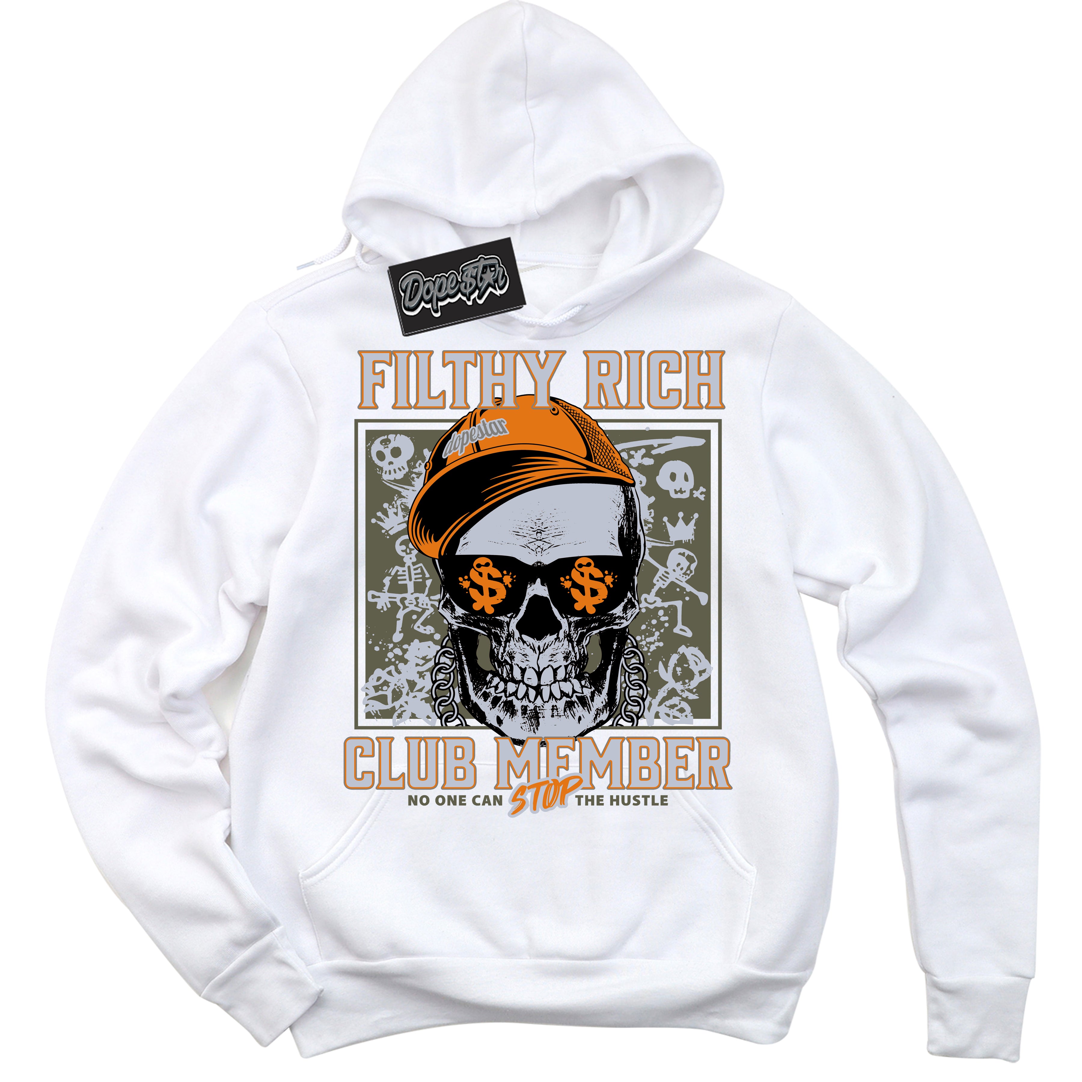 Cool White Hoodie with “ Filthy Rich ” design that Perfectly Matches Olive 5s Sneakers.