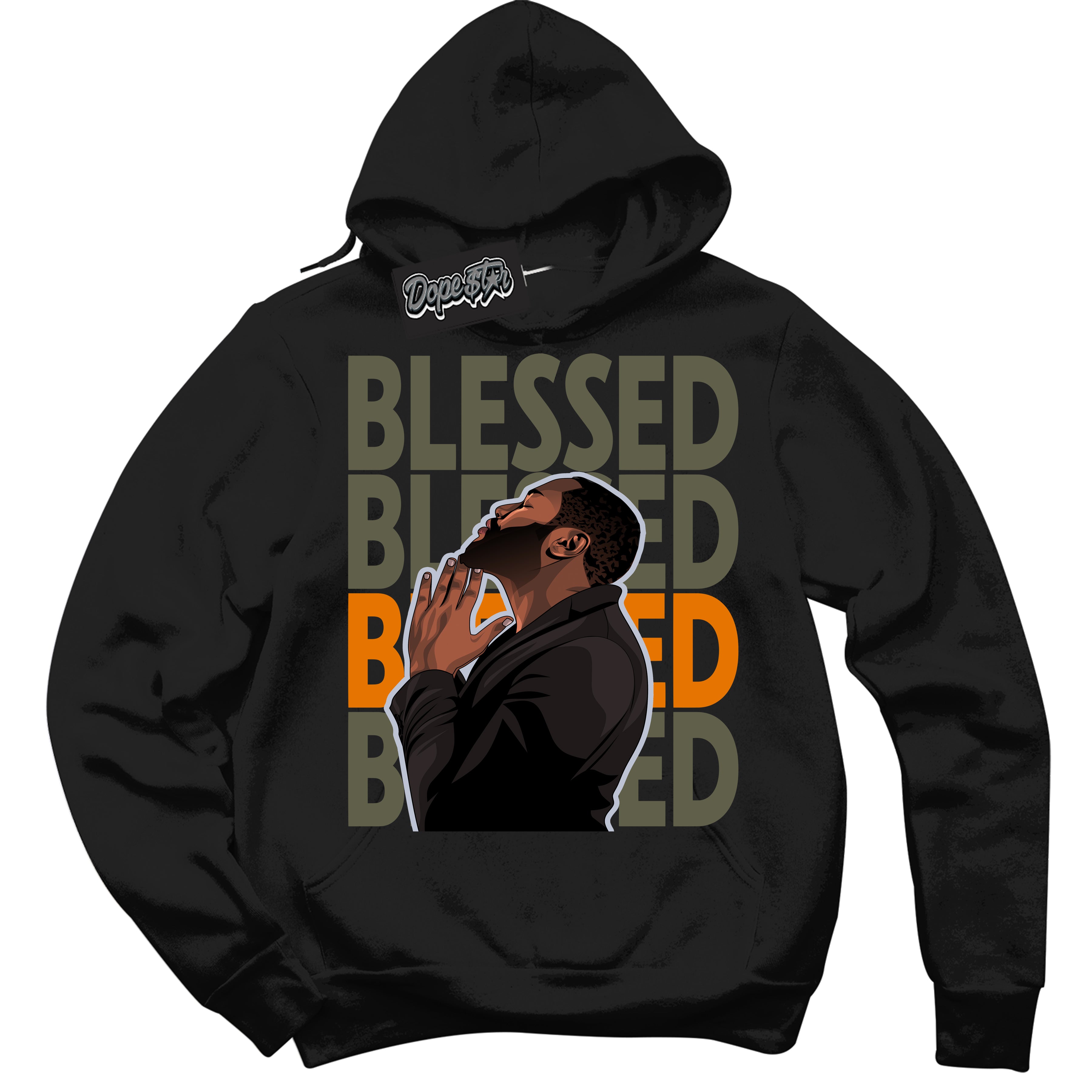 Cool Black Hoodie with “ God Blessed ” design that Perfectly Matches Olive 5s Sneakers.