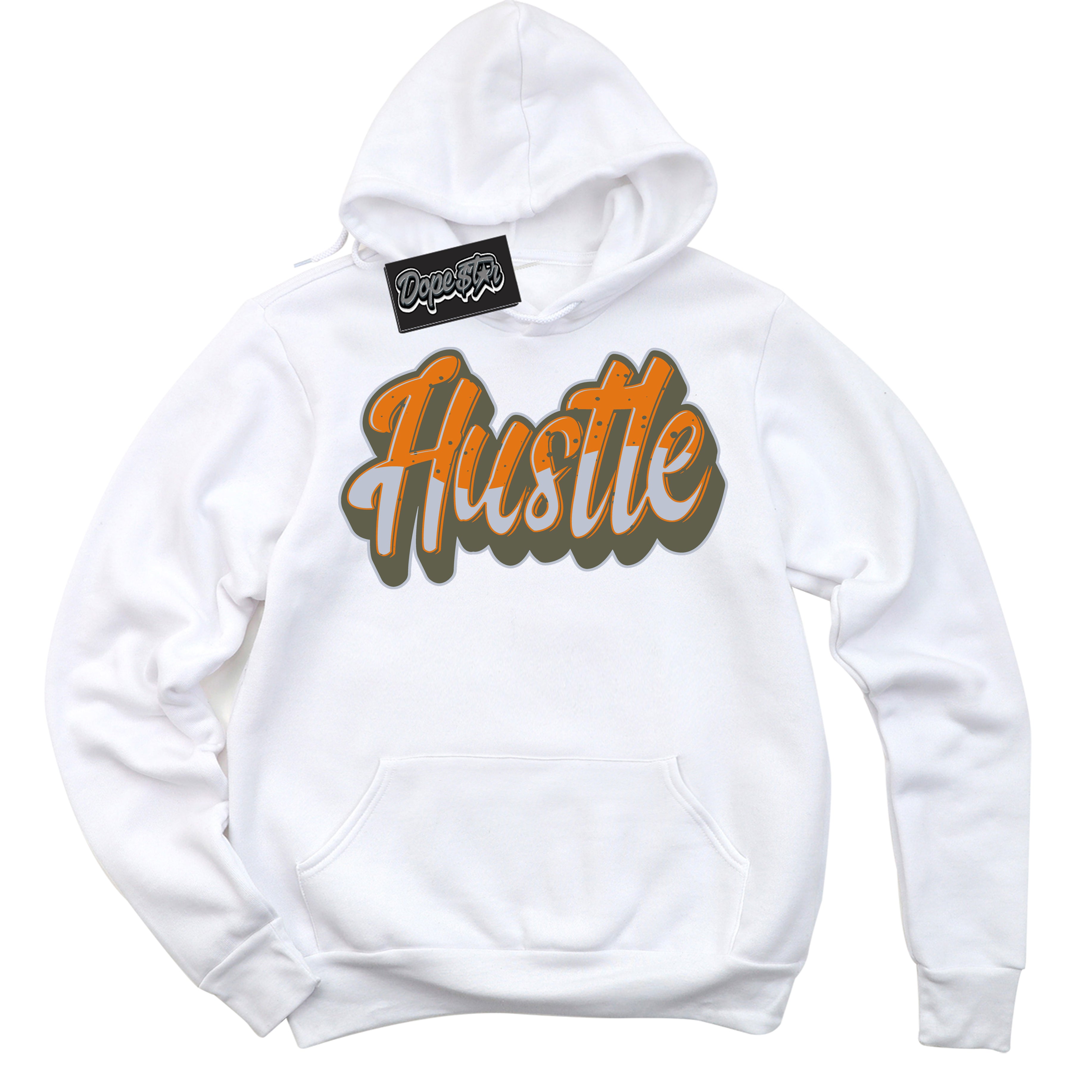 Cool White Hoodie with “ Hustle ” design that Perfectly Matches Olive 5s Sneakers.