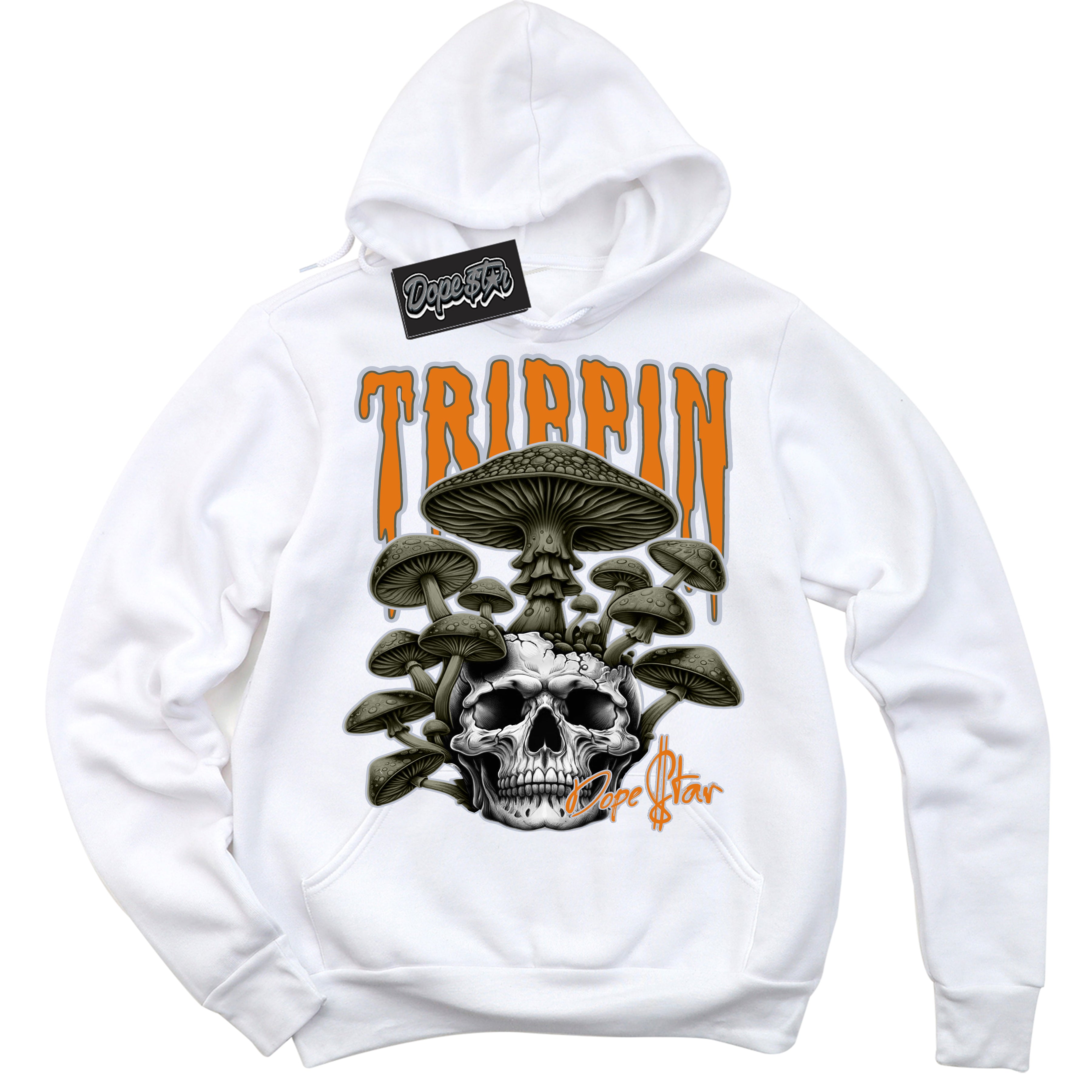 Cool White Hoodie with “ Trippin” design that Perfectly Matches Olive 5s Sneakers.