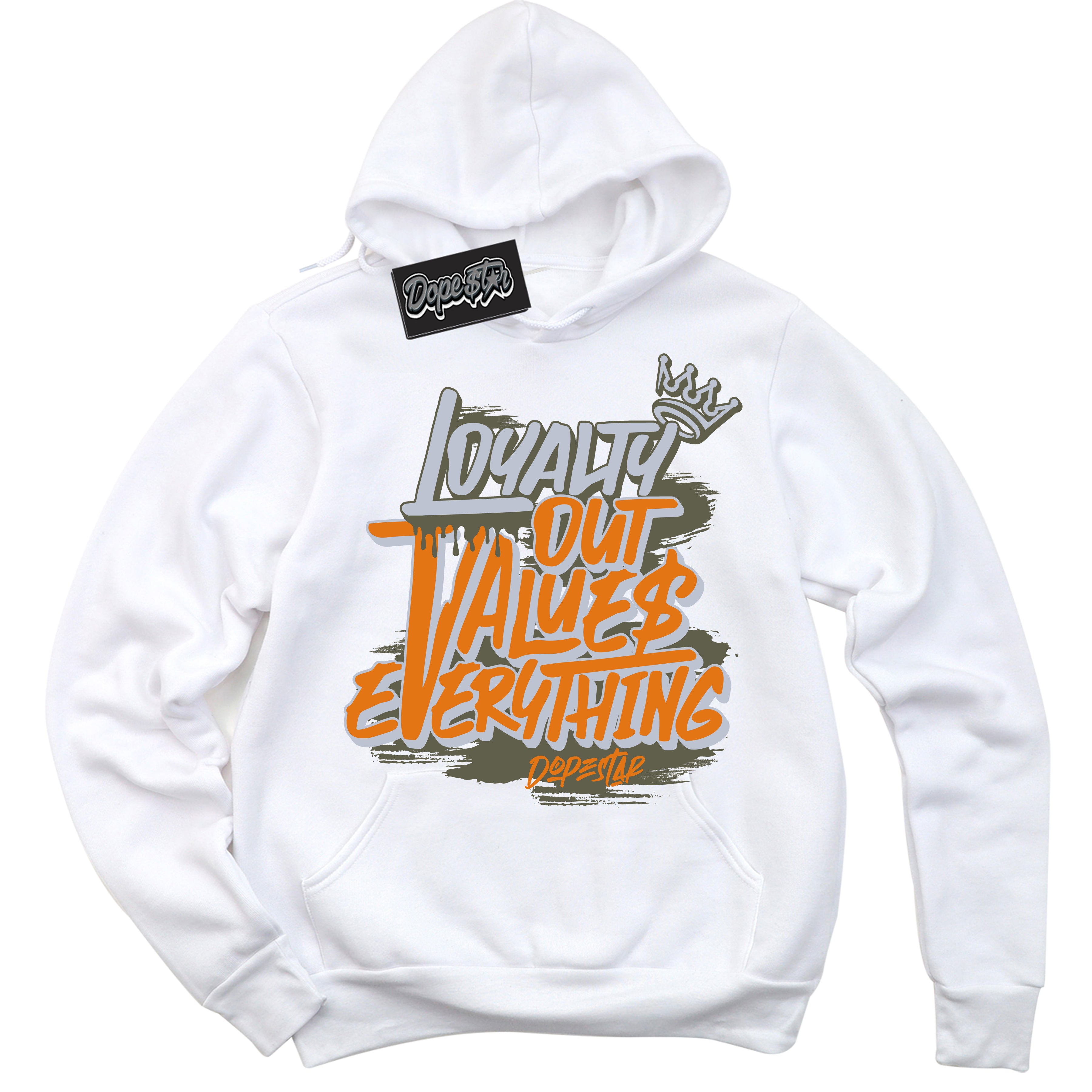 Cool White Hoodie with “ Loyalty Out Values Everything ” design that Perfectly Matches Olive 5s Sneakers.