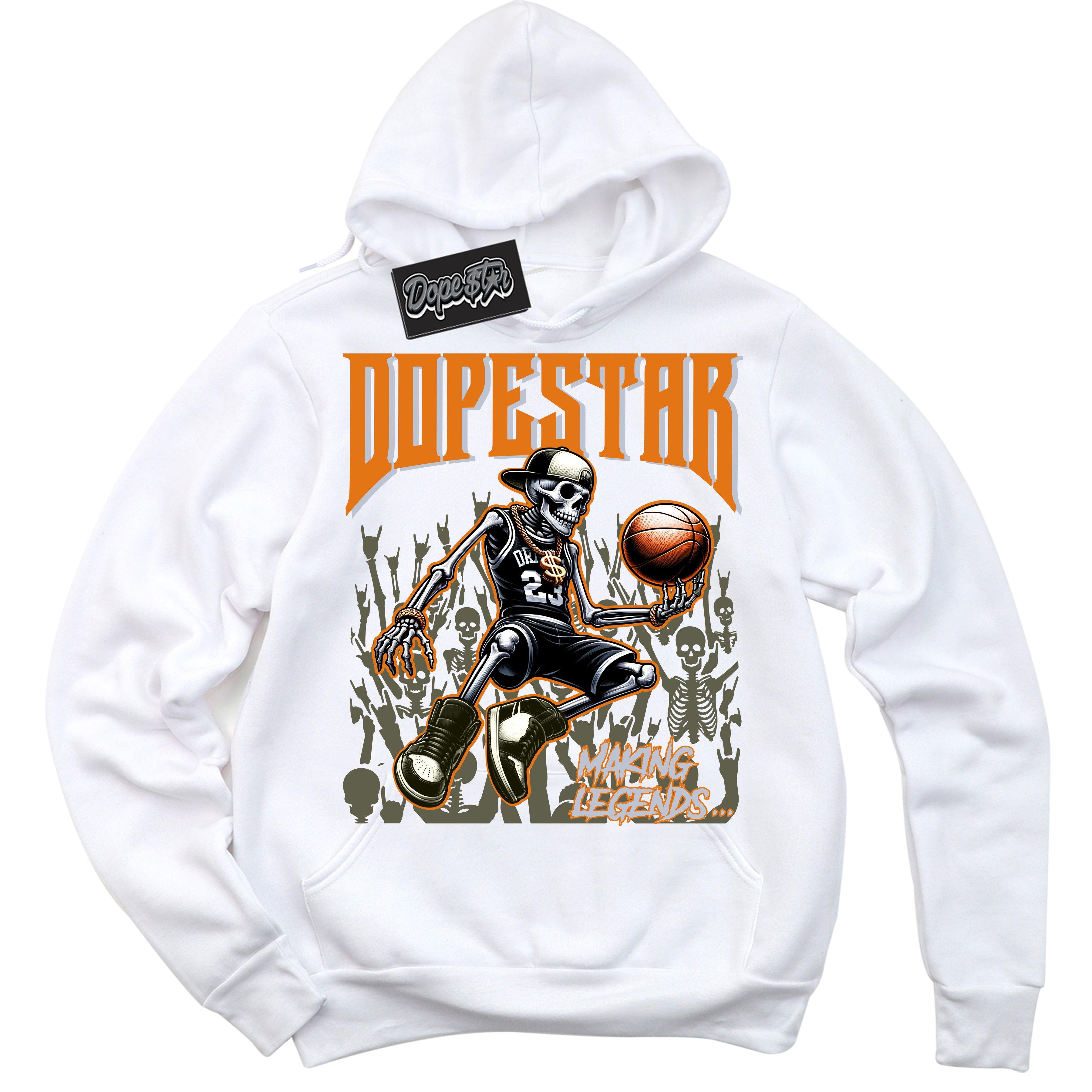 Cool White Hoodie with “ Making Legends ” design that Perfectly Matches Olive 5s Sneakers.