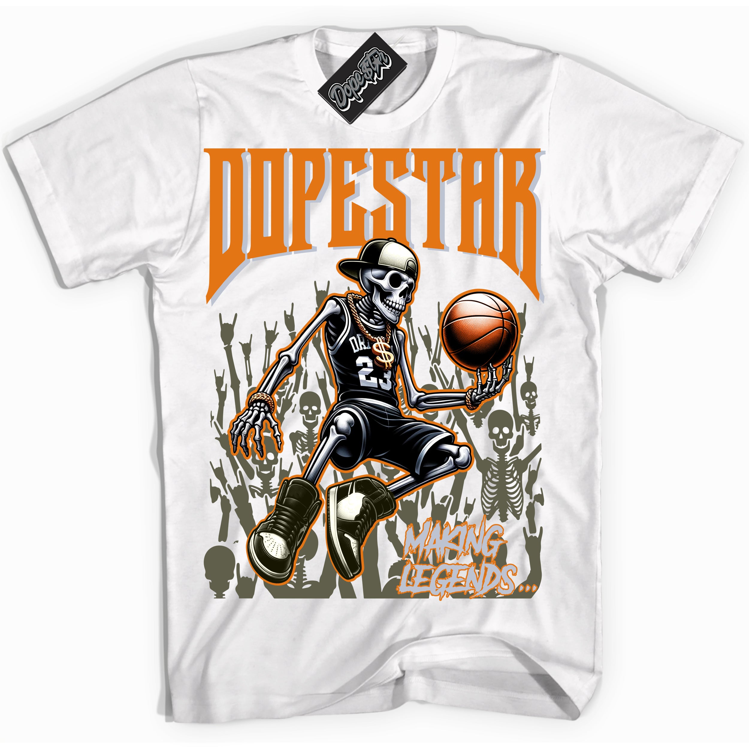 Cool White Shirt with “ Making Legends ” design that perfectly matches Olive 5s Sneakers.