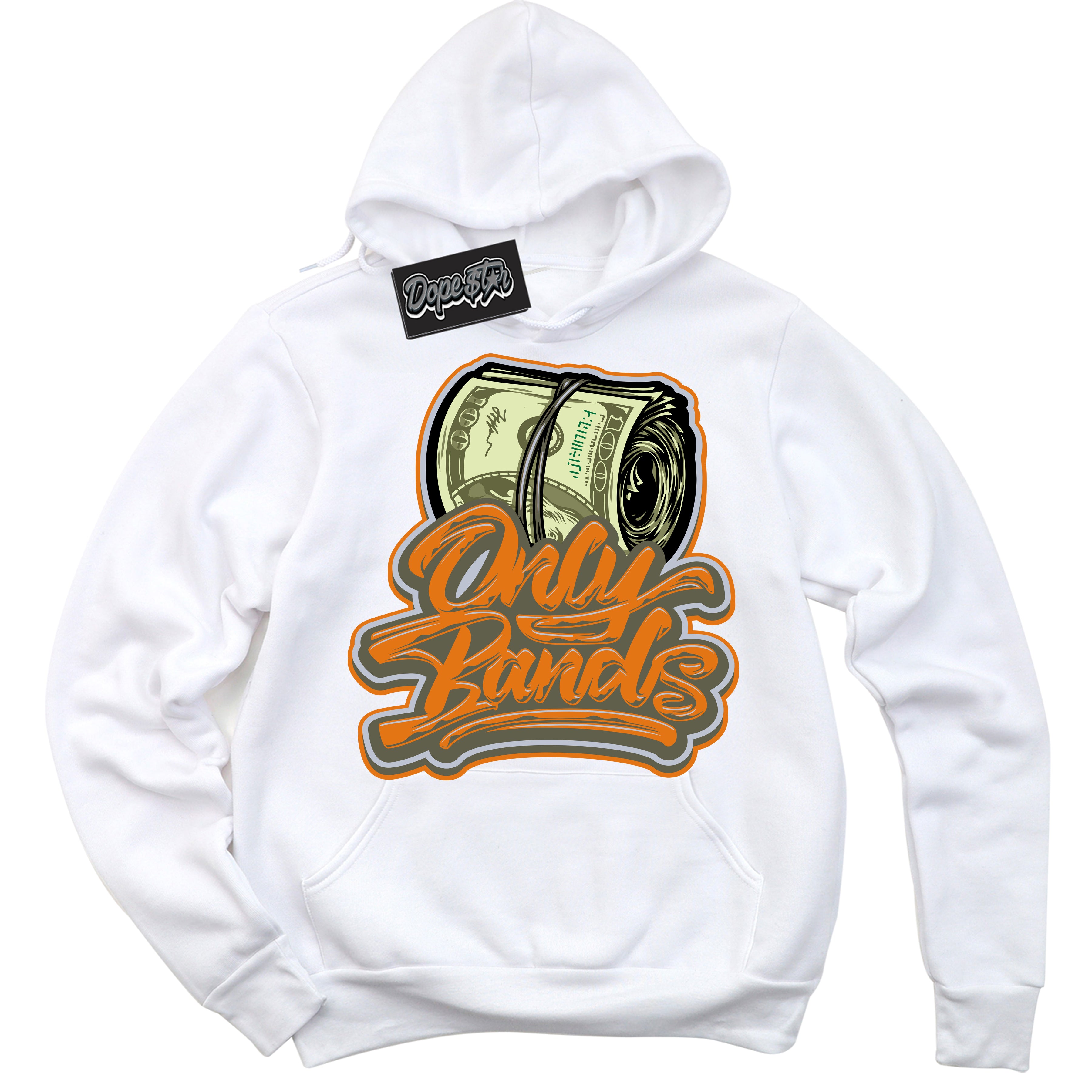 Cool White Hoodie with “ Only Bands ” design that Perfectly Matches Olive 5s Sneakers.