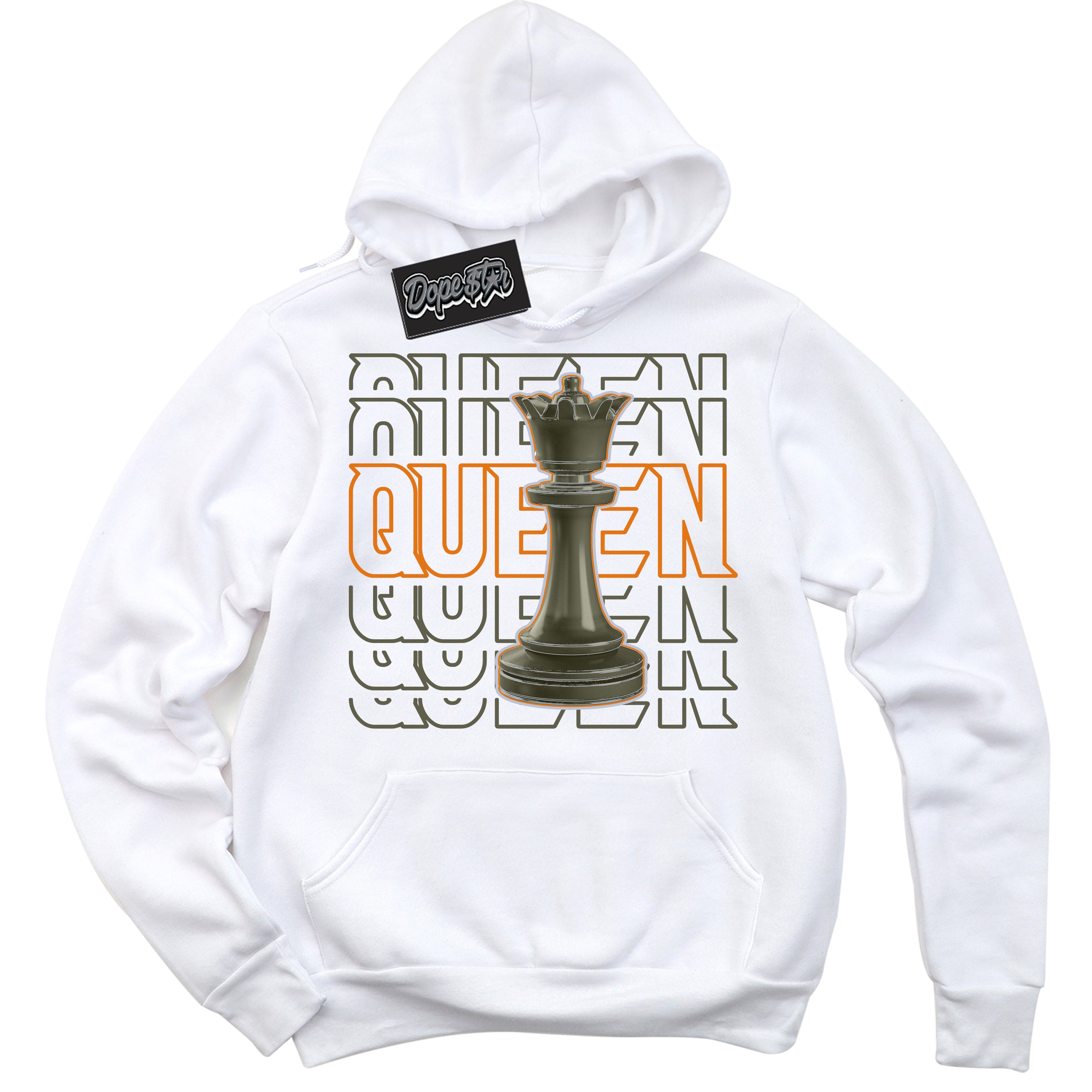 Cool White Hoodie with “ Queen Chess ” design that Perfectly Matches Olive 5s Sneakers.
