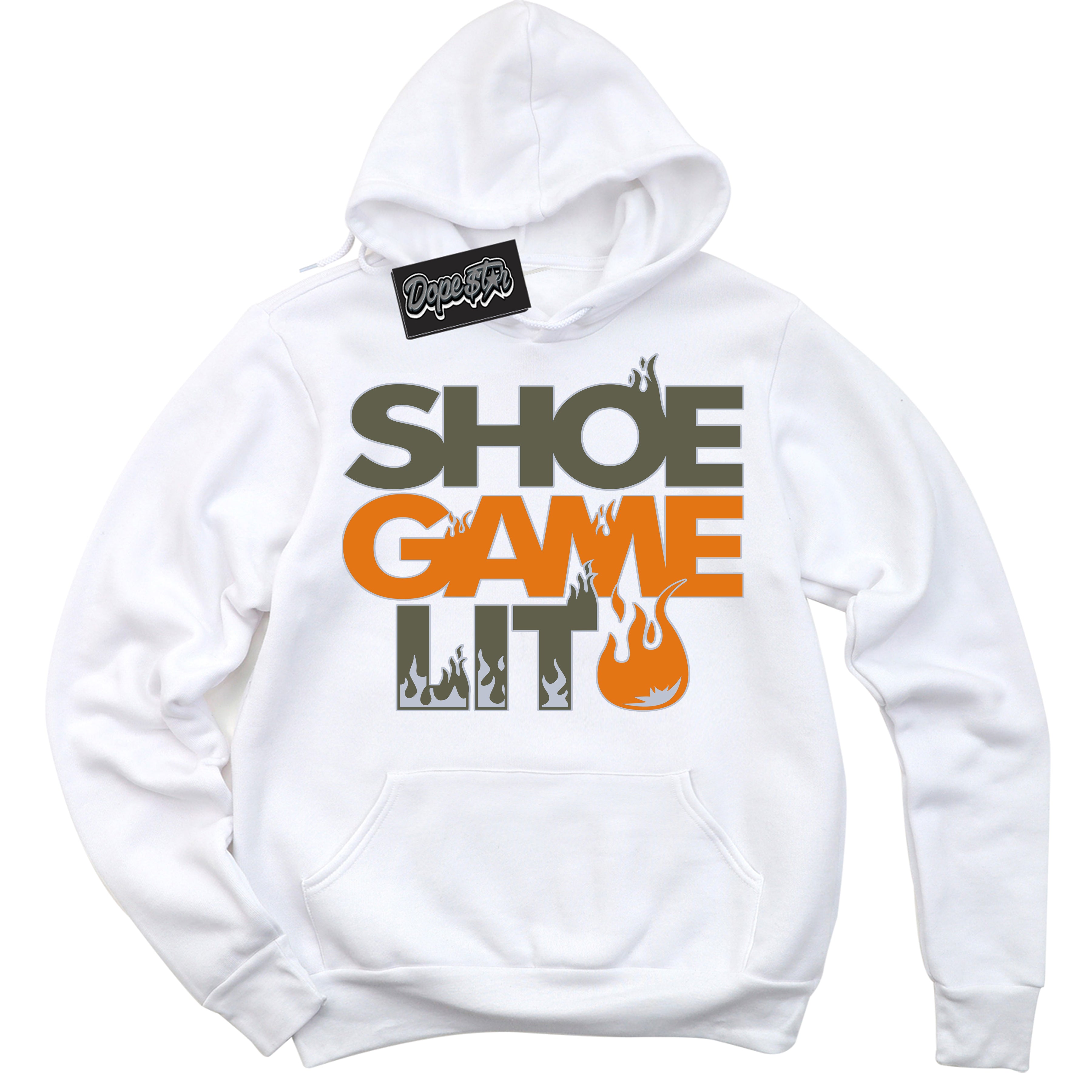 Cool White Hoodie with “ Shoe Game Lit '' design that Perfectly Matches Olive 5s Sneakers.