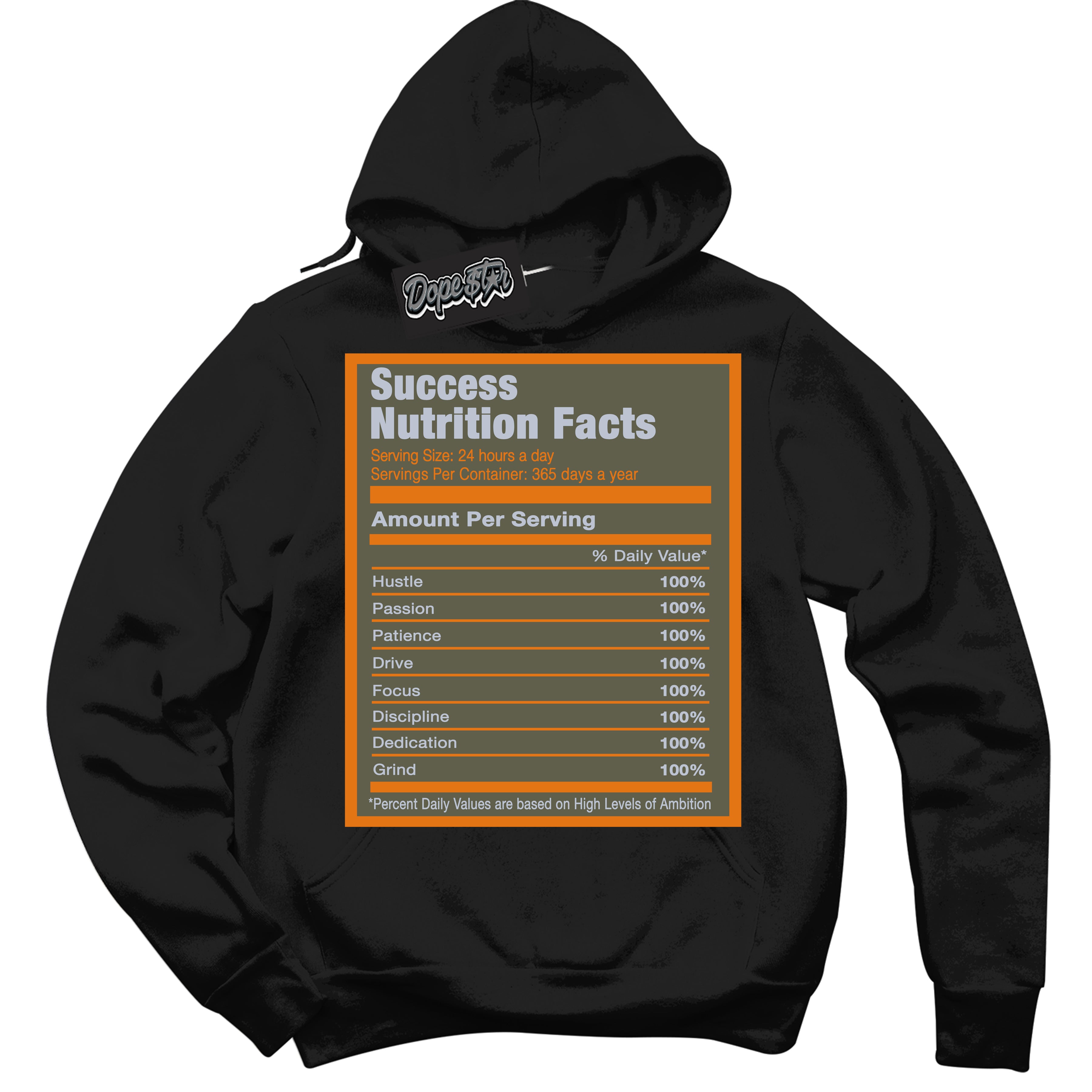 Cool Black Hoodie with “ Success Nutrition ” design that Perfectly Matches Olive 5s Sneakers.