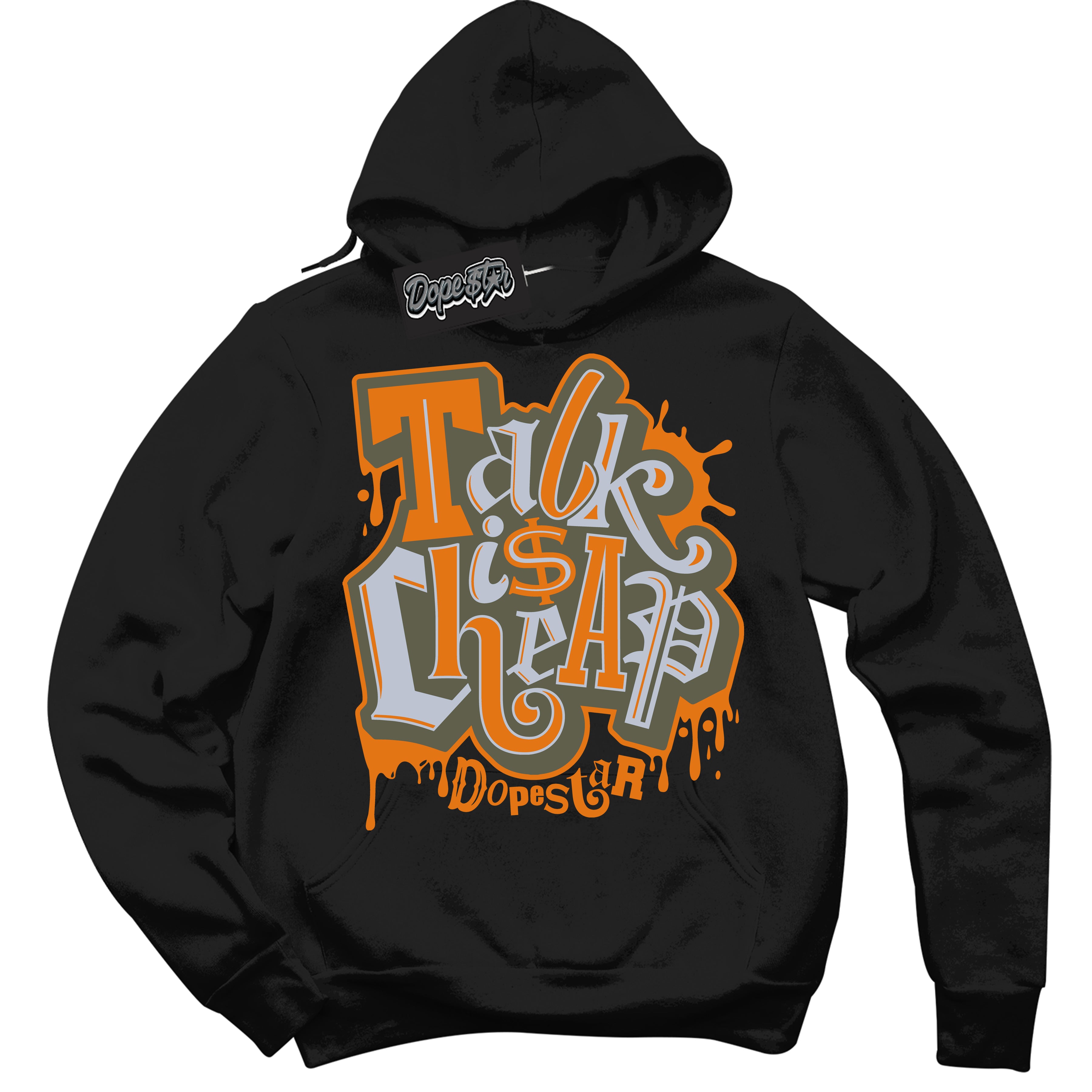Cool Black Hoodie with “ Talk Is Cheap ” design that Perfectly Matches Olive 5s Sneakers.
