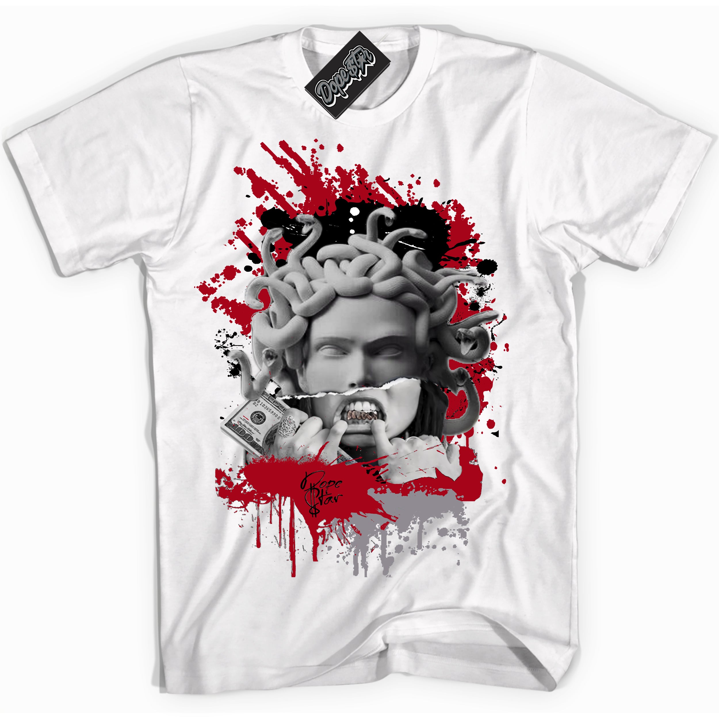 AJ5 Retro OG Black Metallic Reimagined “Medusa” white streetwear t-shirt and matching sneaker tee for men and women by Sneaker Shirts Outlet.