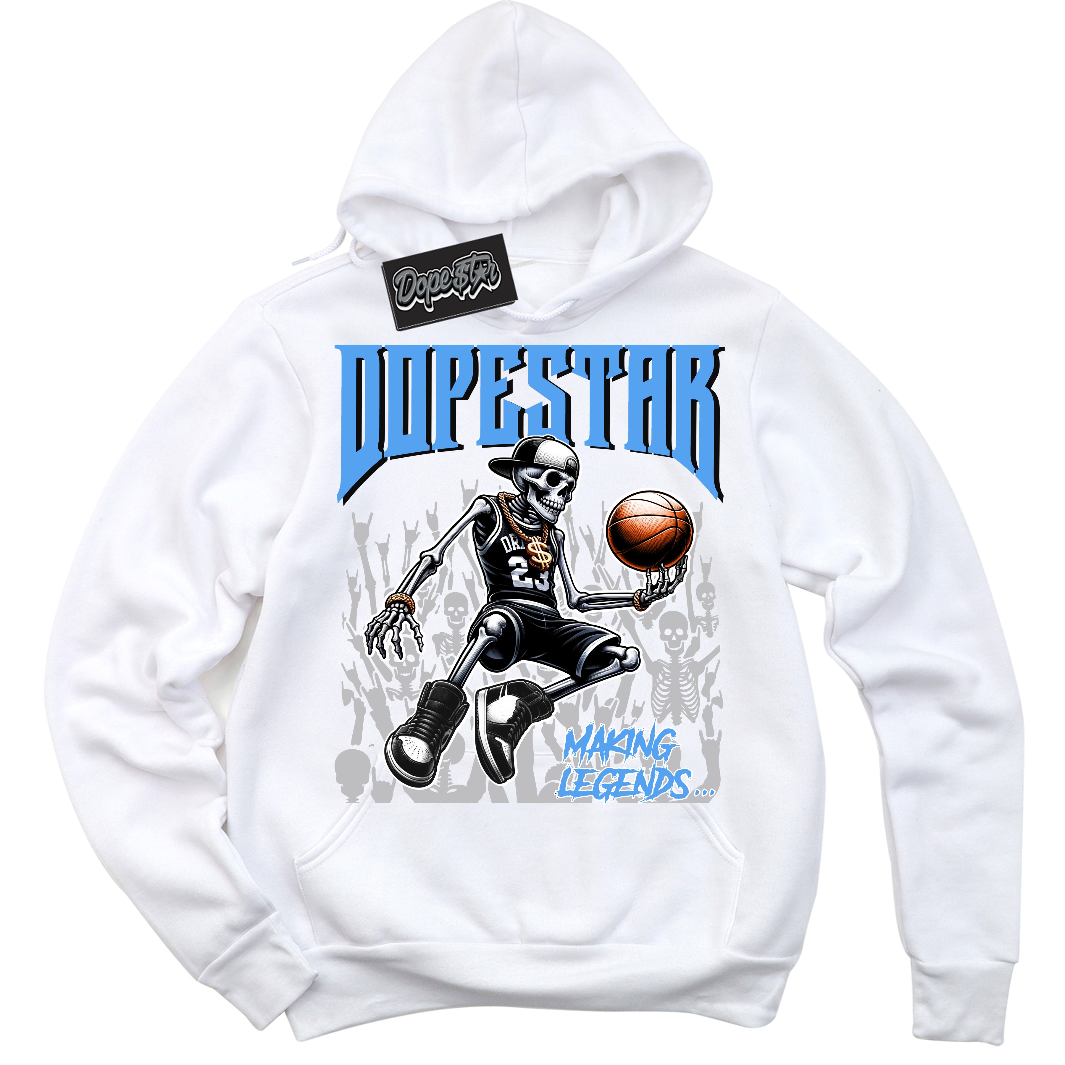 Cool White Hoodie with “ Making Legends ” design that Perfectly Matches UNC University Blue 5s Sneakers.