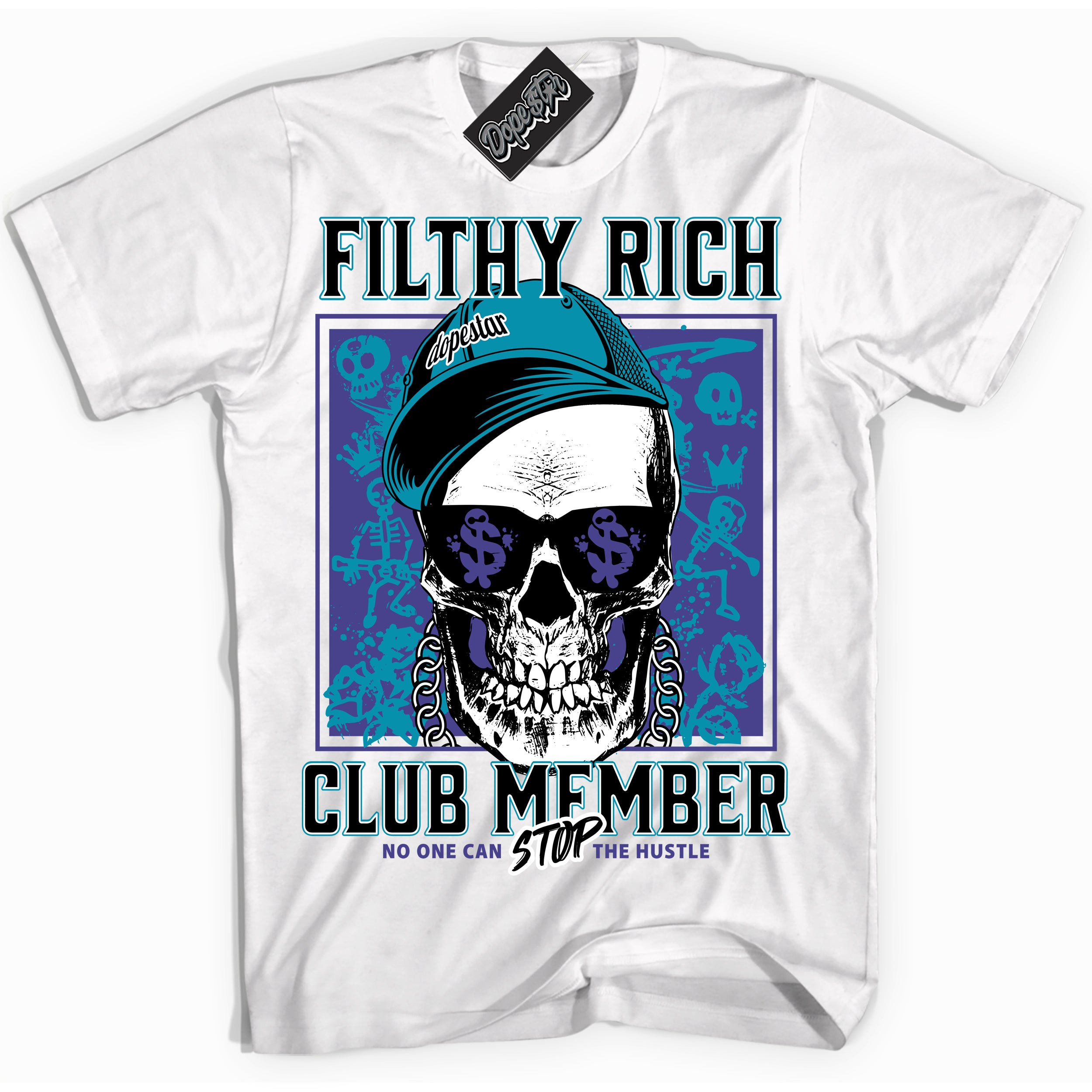 Cool White Shirt with “ Filthy Rich” design that perfectly matches Aqua 6s Sneakers.
