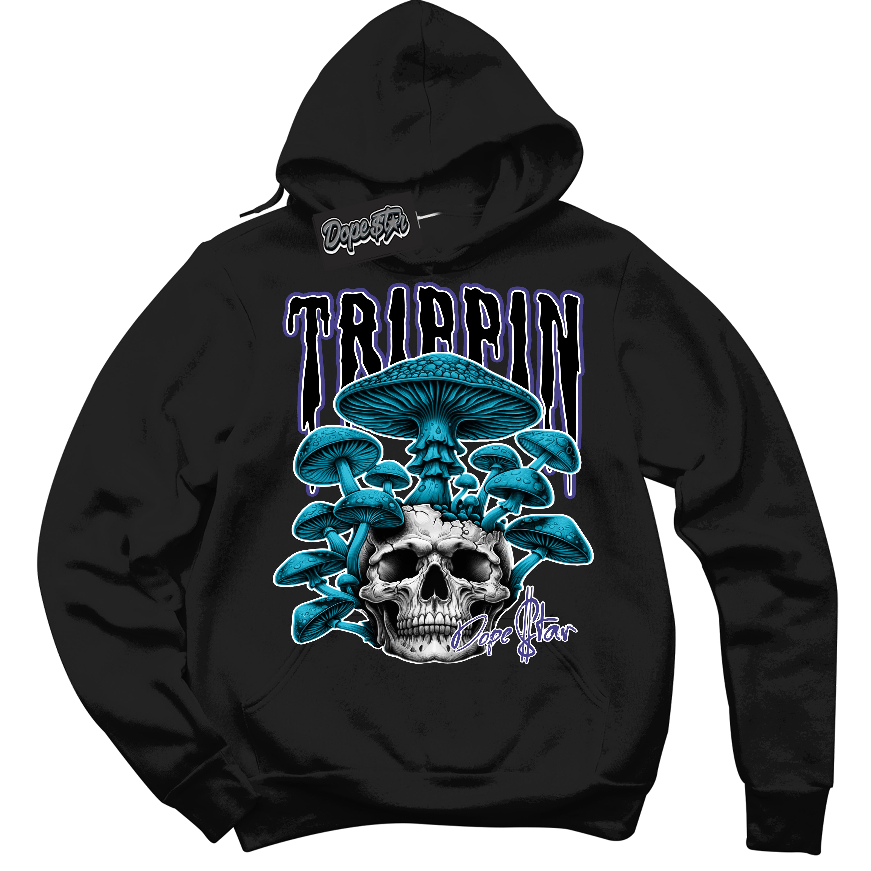 Cool Black Hoodie with “ Trippin” design that Perfectly Matches Aqua 6s Sneakers.