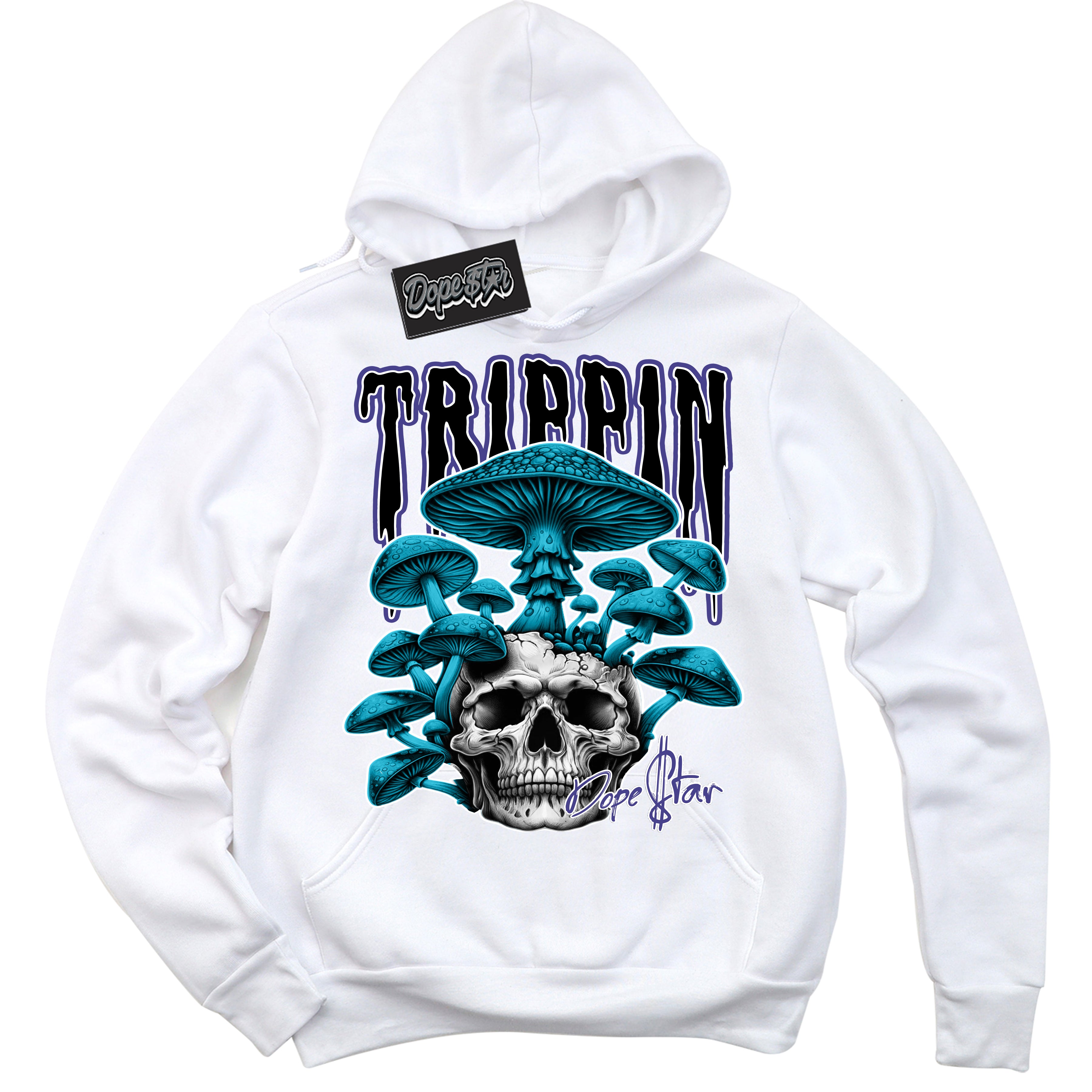 Cool White Hoodie with “ Trippin” design that Perfectly Matches Aqua 6s Sneakers.