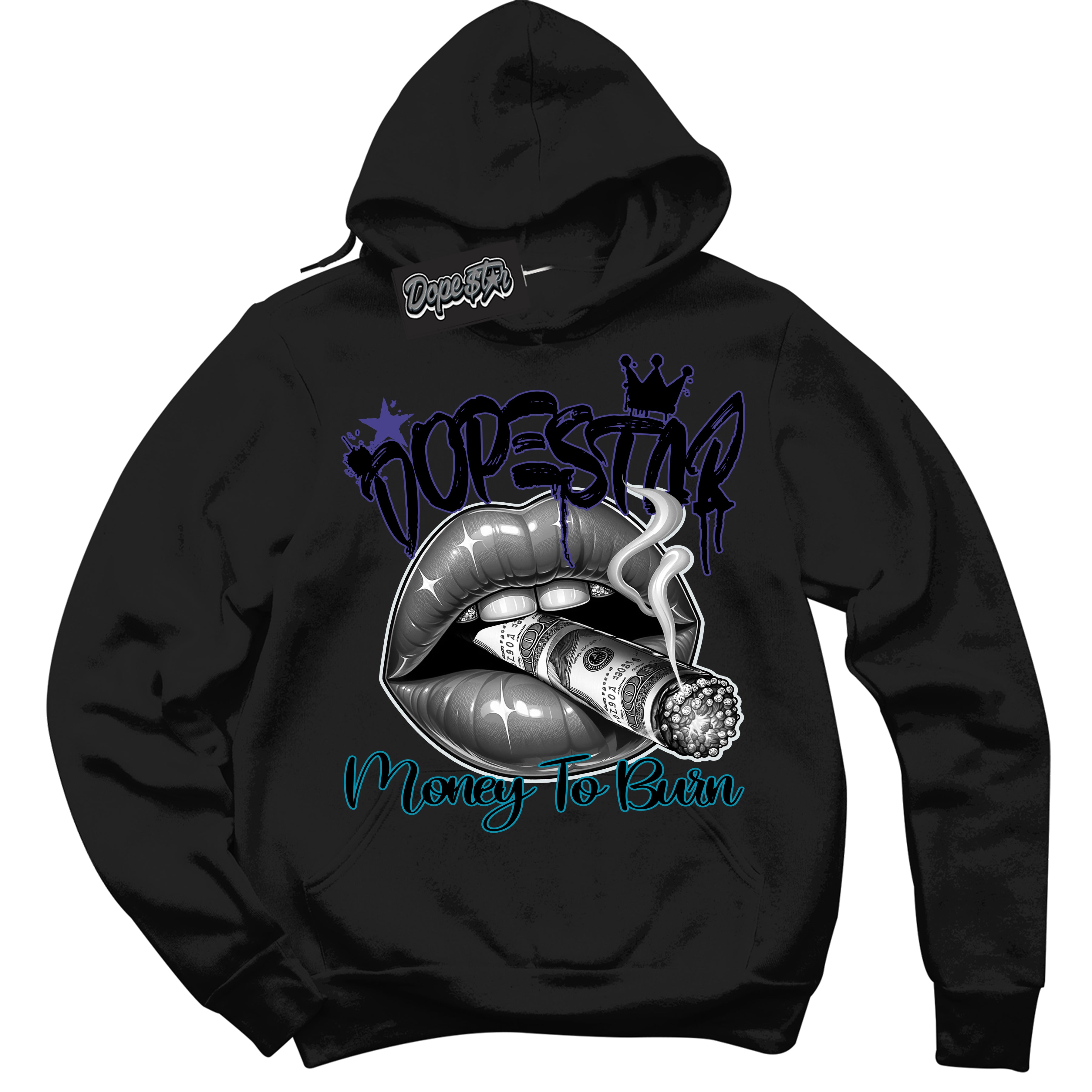 Cool Black Hoodie with “ Money To Burn ” design that Perfectly Matches Aqua 6s Sneakers.