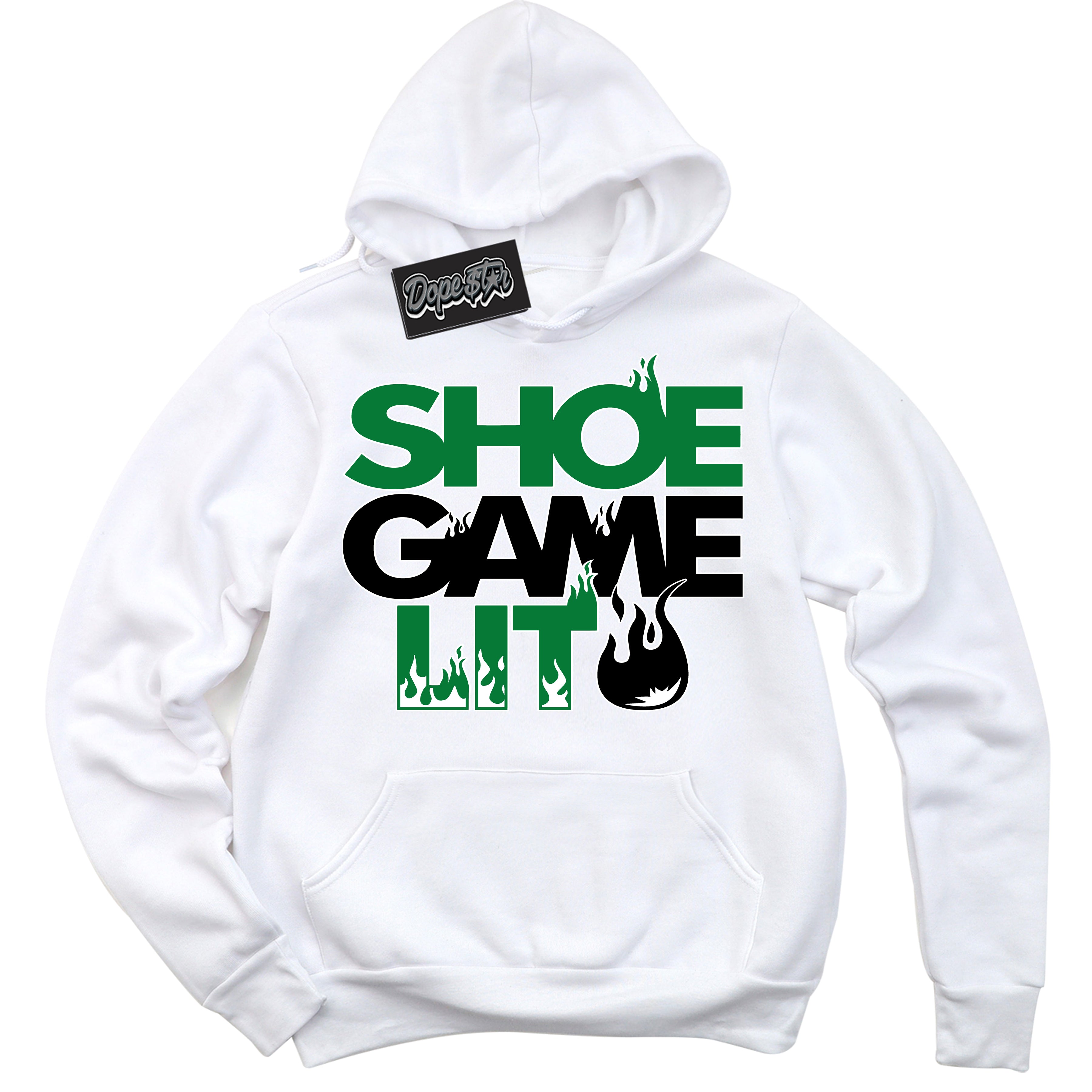 Cool White Hoodie with “ Shoe Game Lit '' design that Perfectly Matches Lucky Green 6s Sneakers.