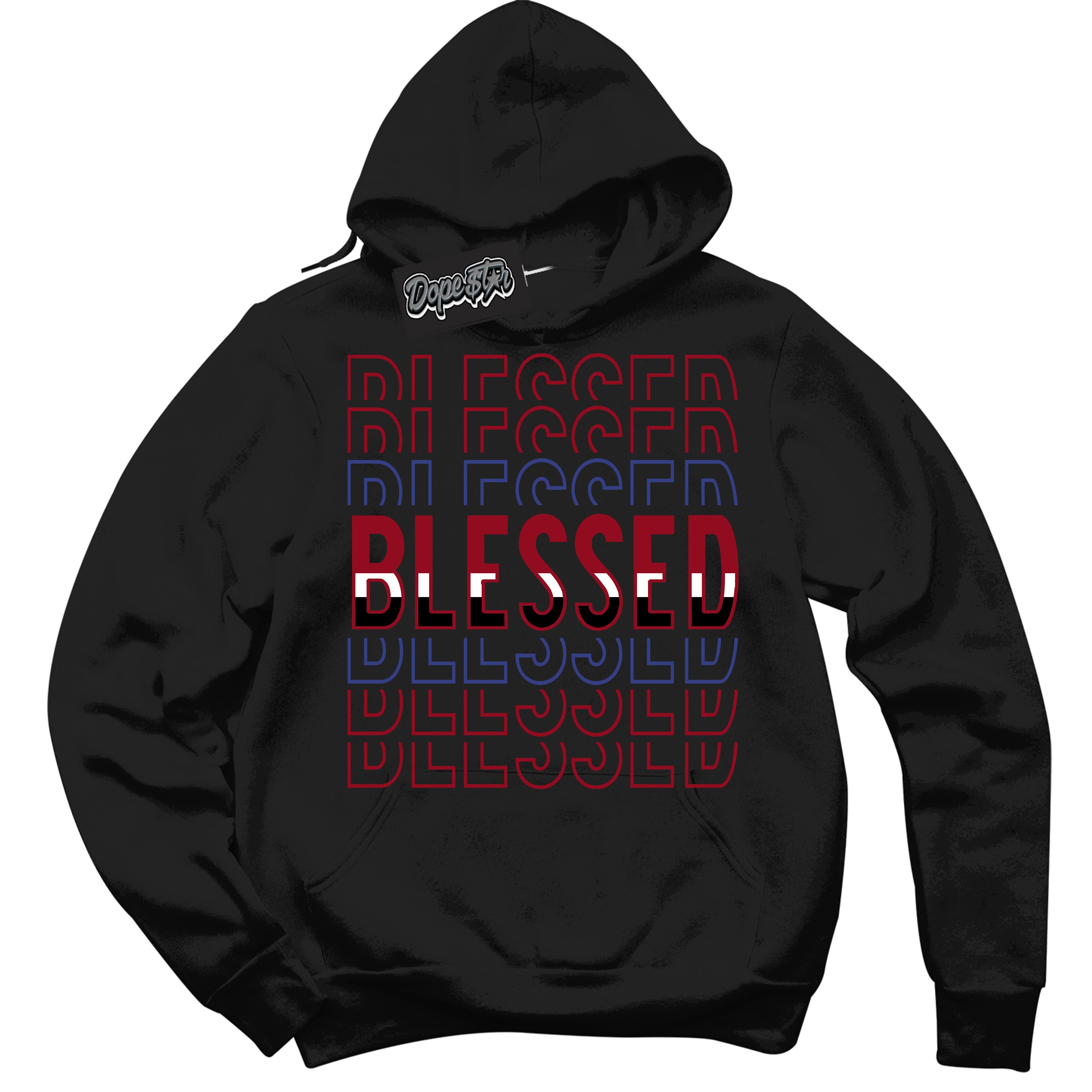 Cool Black Hoodie with “ Blessed Stacked ” design that Perfectly Matches Playoffs 8s Sneakers.