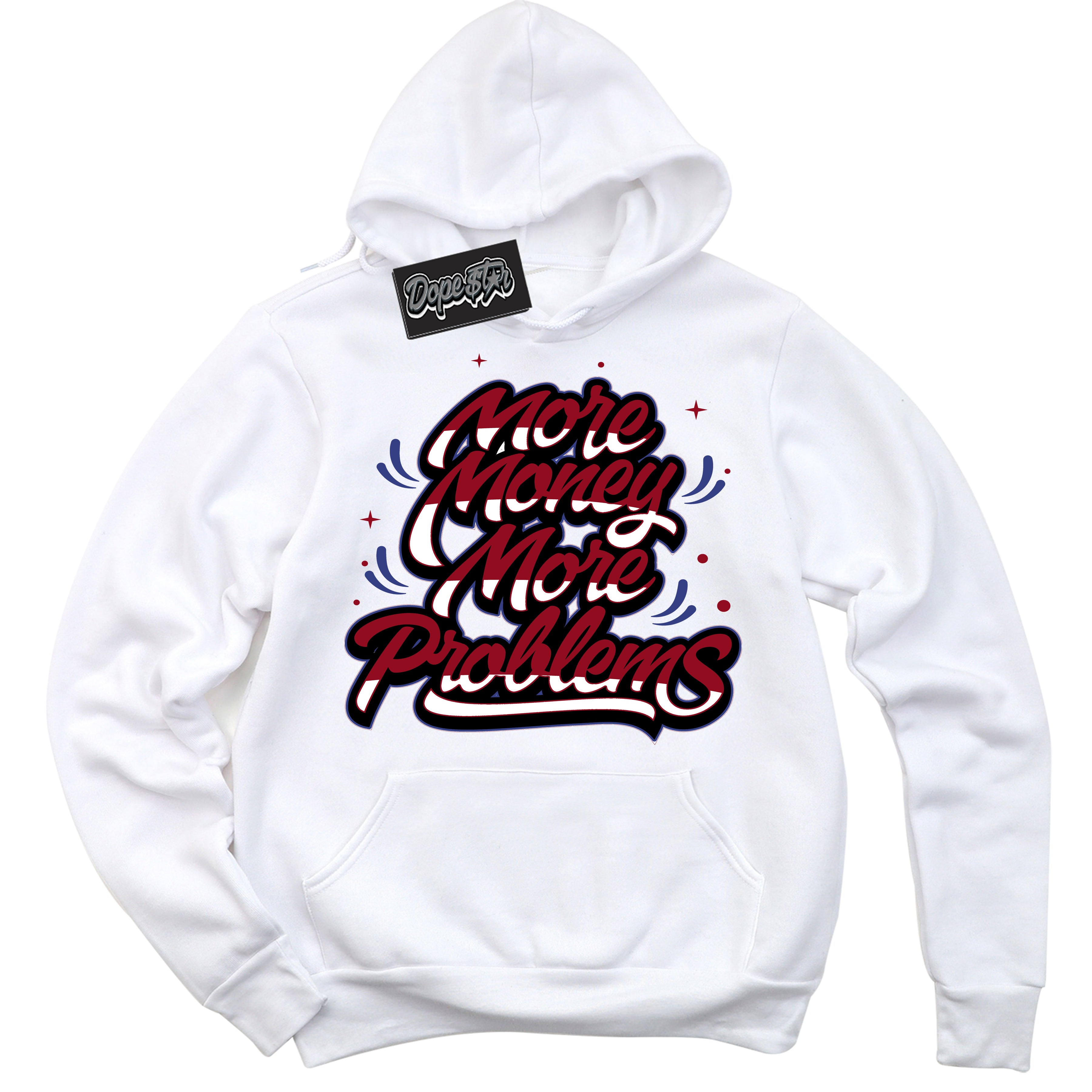 Cool White Hoodie with “ More Money More Problems ” design that Perfectly Matches Playoffs 8s Sneakers.