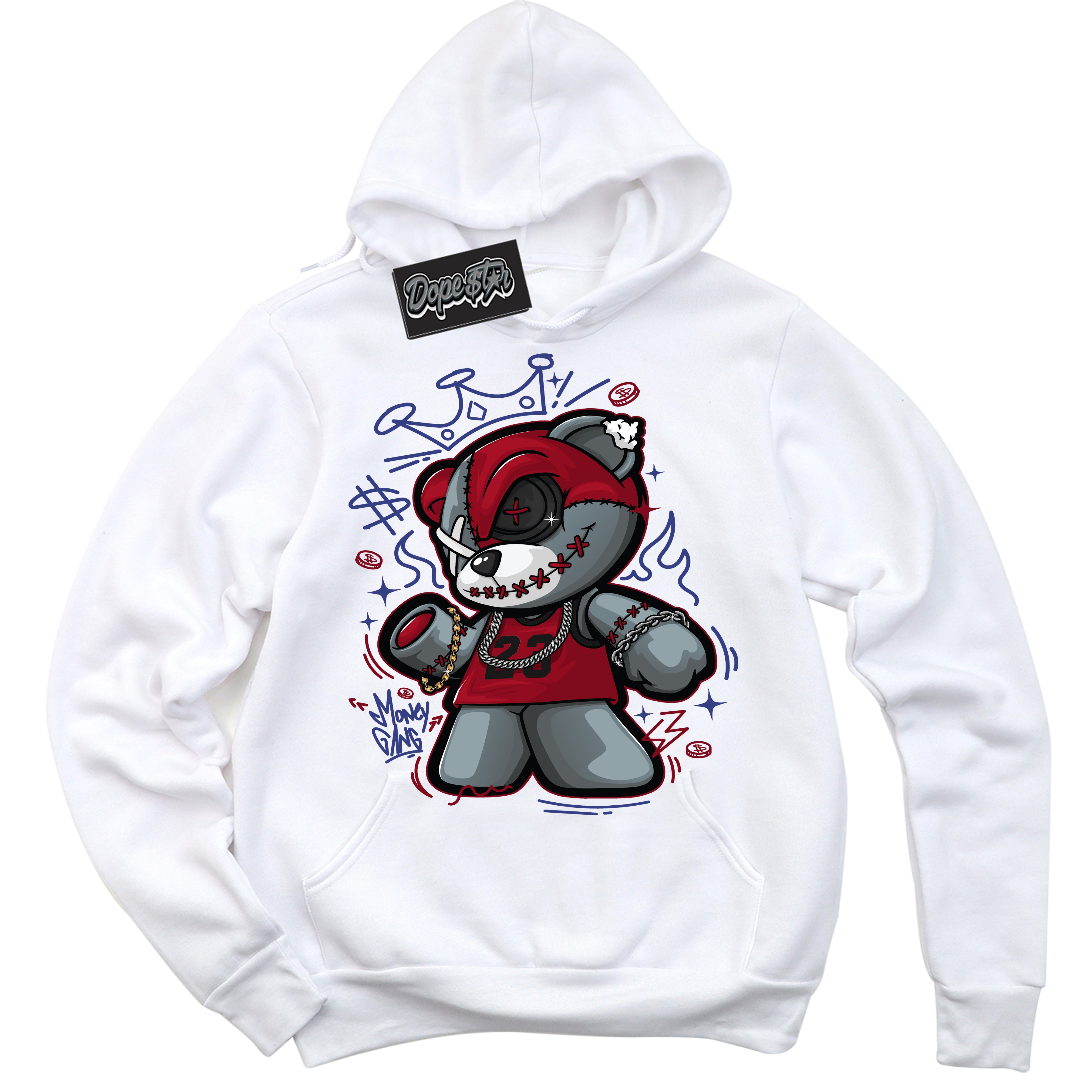 Cool White Hoodie with “ Money Gang Bear ” design that Perfectly Matches Playoffs 8s Sneakers.