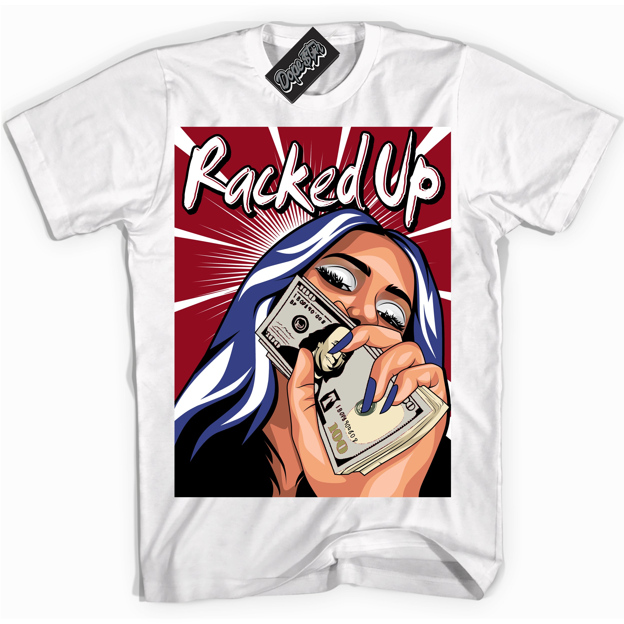 Cool White Shirt with “ Racked Up ” design that perfectly matches Playoffs 8s Sneakers.