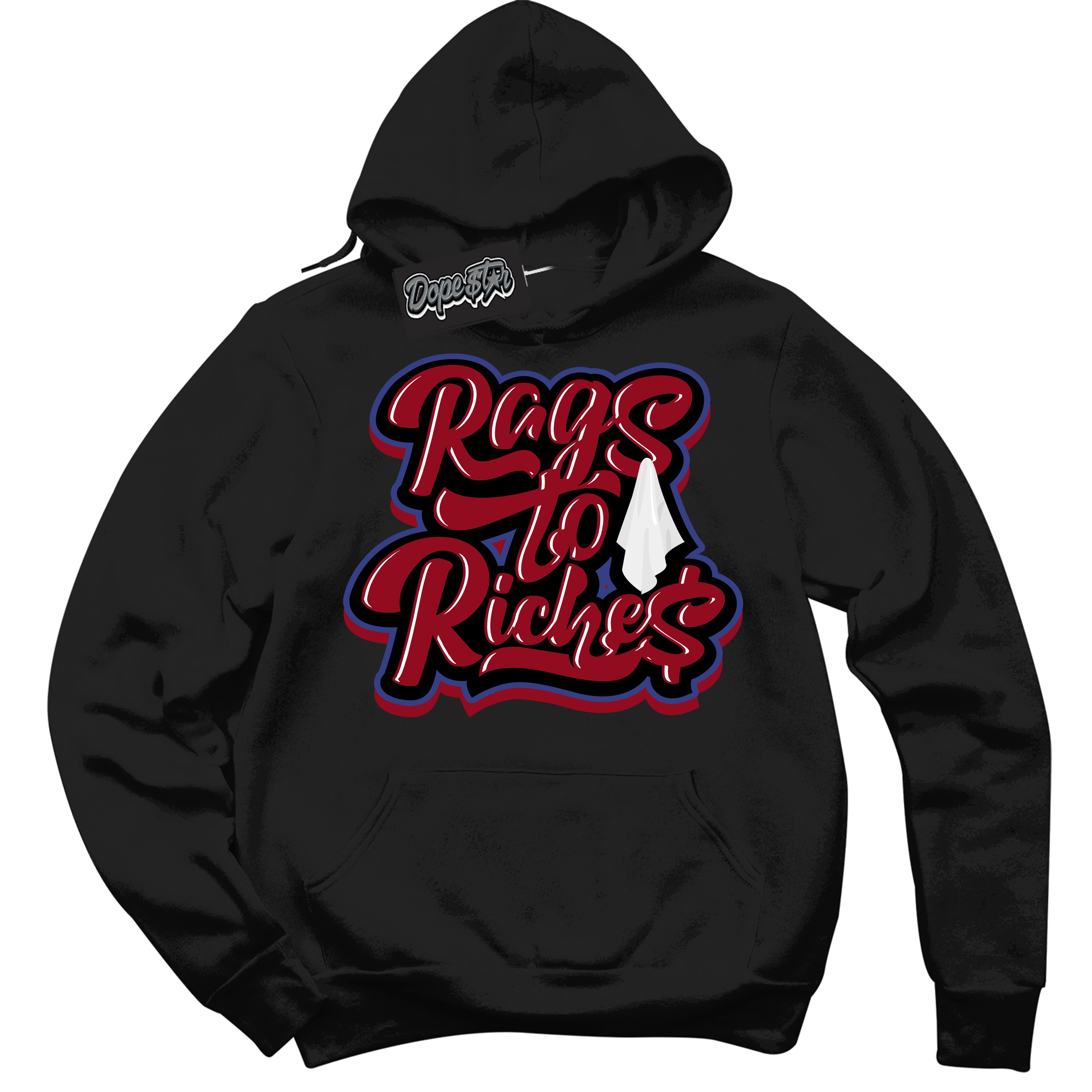 Cool Black Hoodie with “ Rags To Riches ” design that Perfectly Matches Playoffs 8s Sneakers.