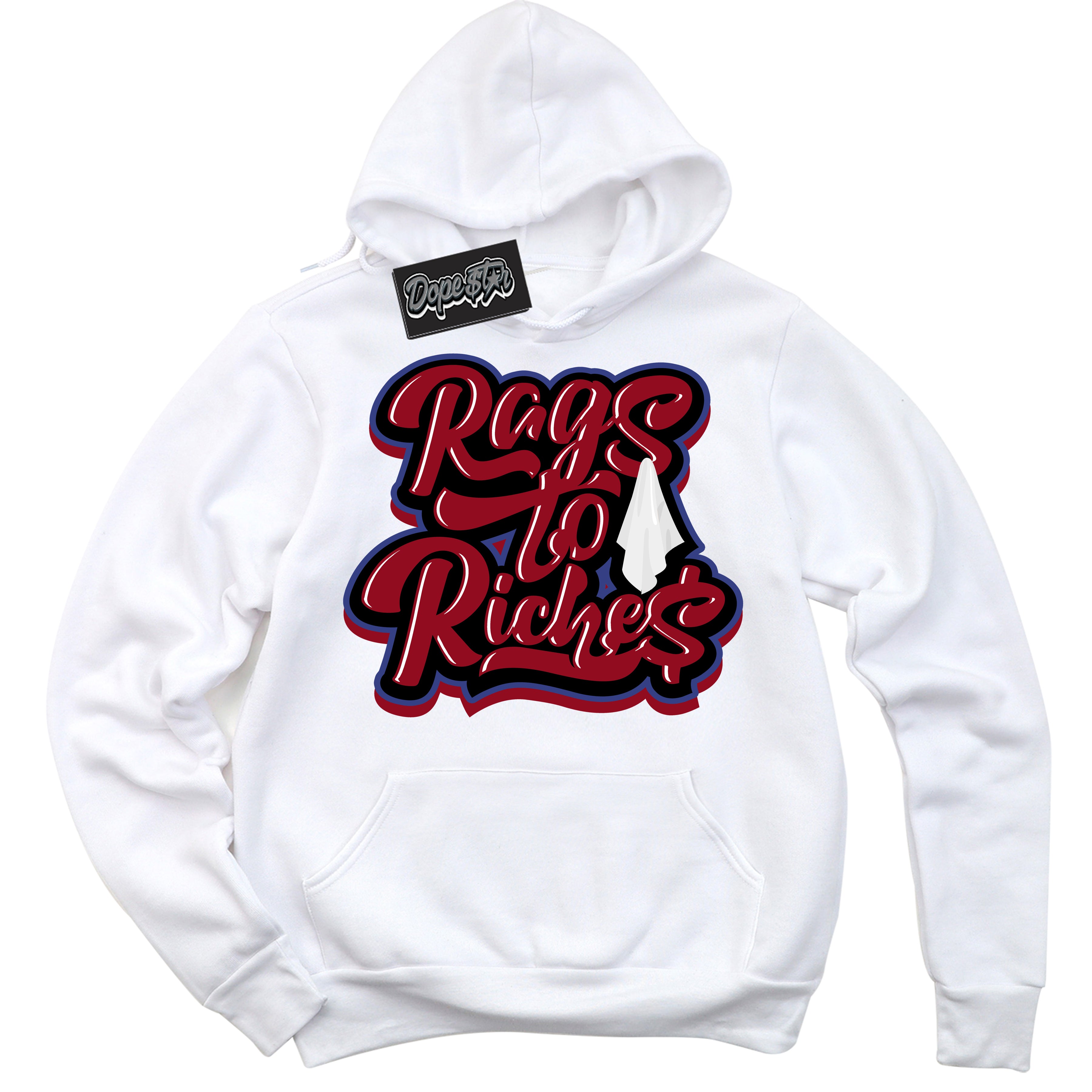 Cool White Hoodie with “ Rags To Riches ” design that Perfectly Matches Playoffs 8s Sneakers.
