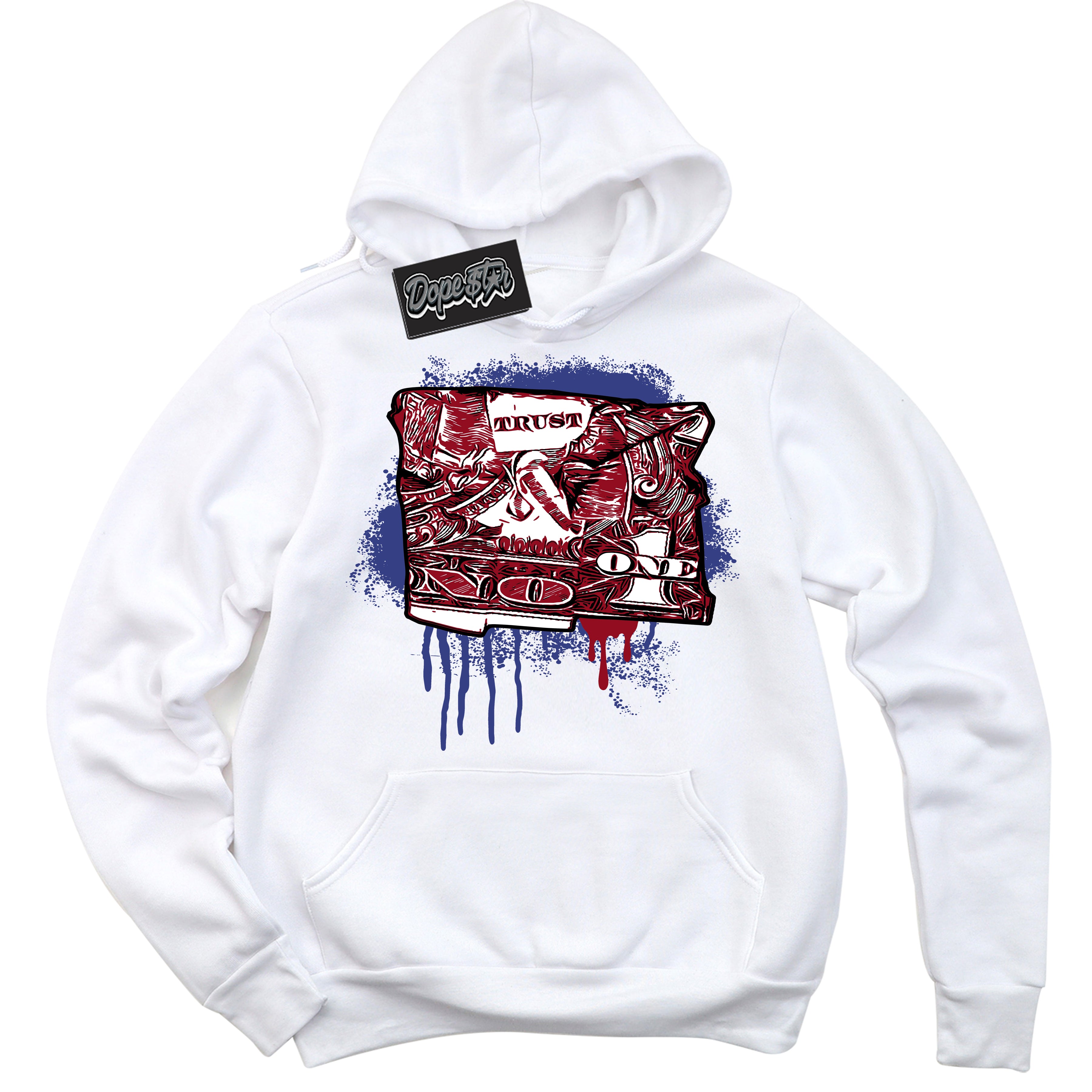 Cool White Hoodie with “ Trust No One Dollar ” design that Perfectly Matches Playoffs 8s Sneakers.