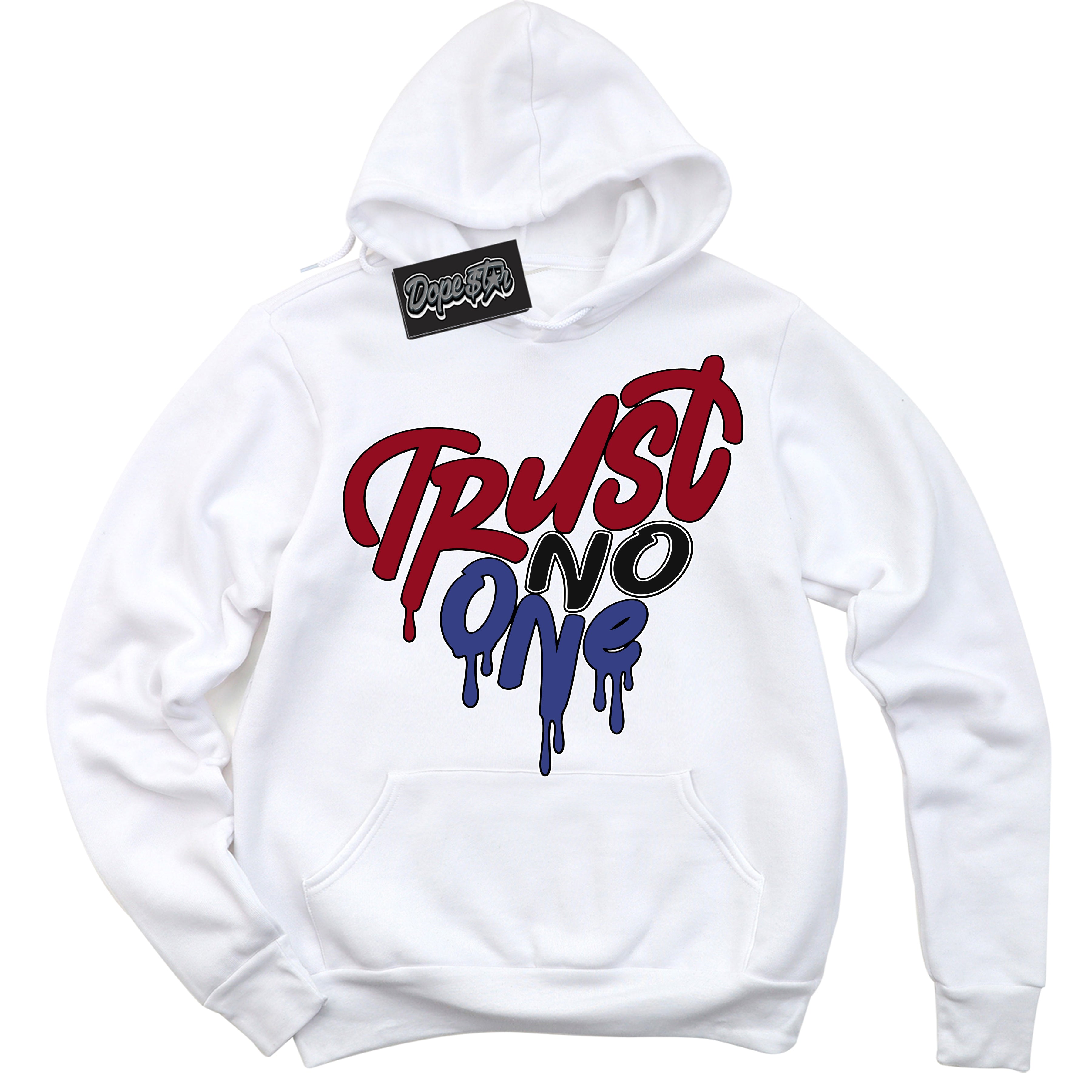 Cool White Hoodie with “ Trust No One Heart ” design that Perfectly Matches Playoffs 8s Sneakers.