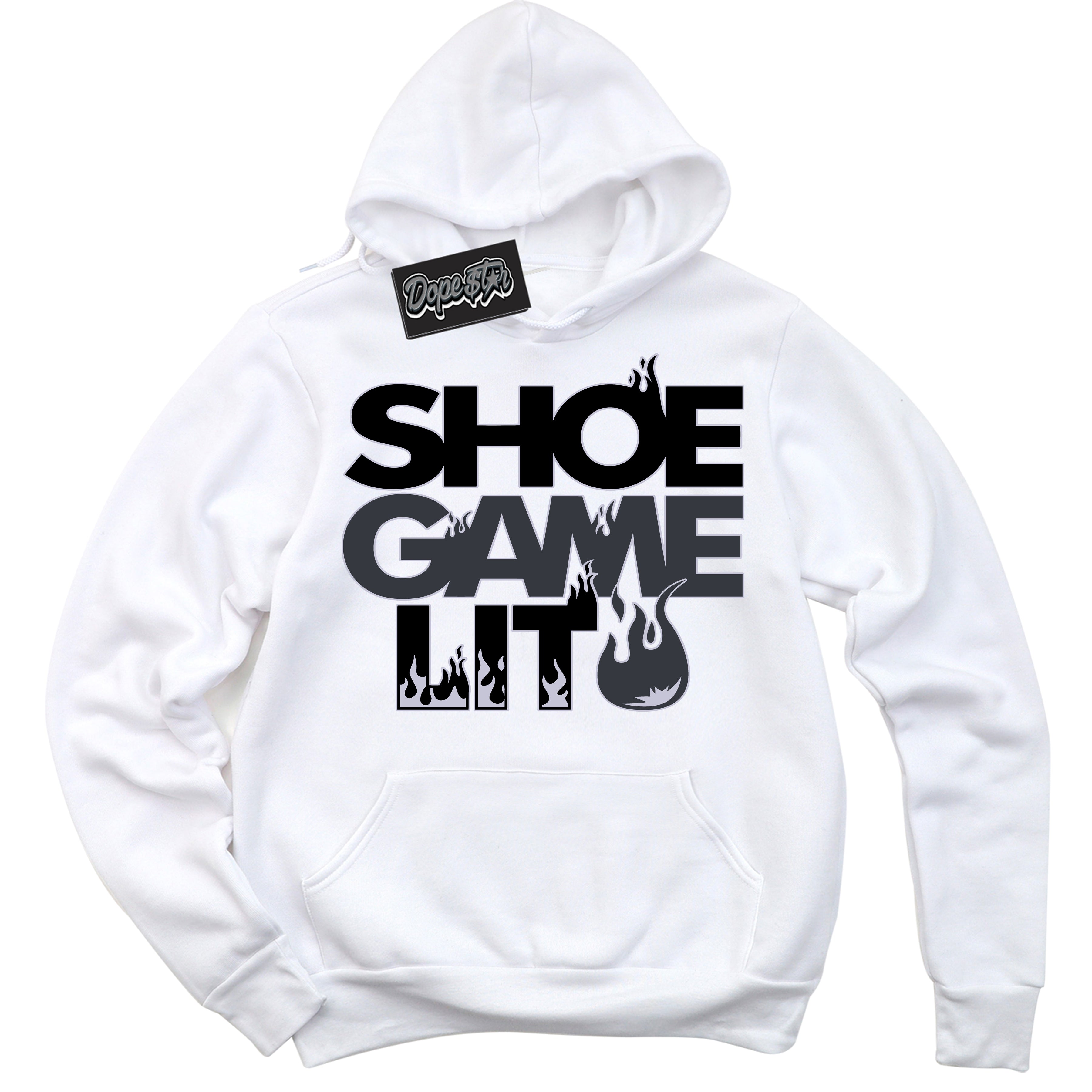 Cool White Hoodie with “ Shoe Game Lit '' design that Perfectly Matches Winterized Gunsmoke 8s Sneakers.