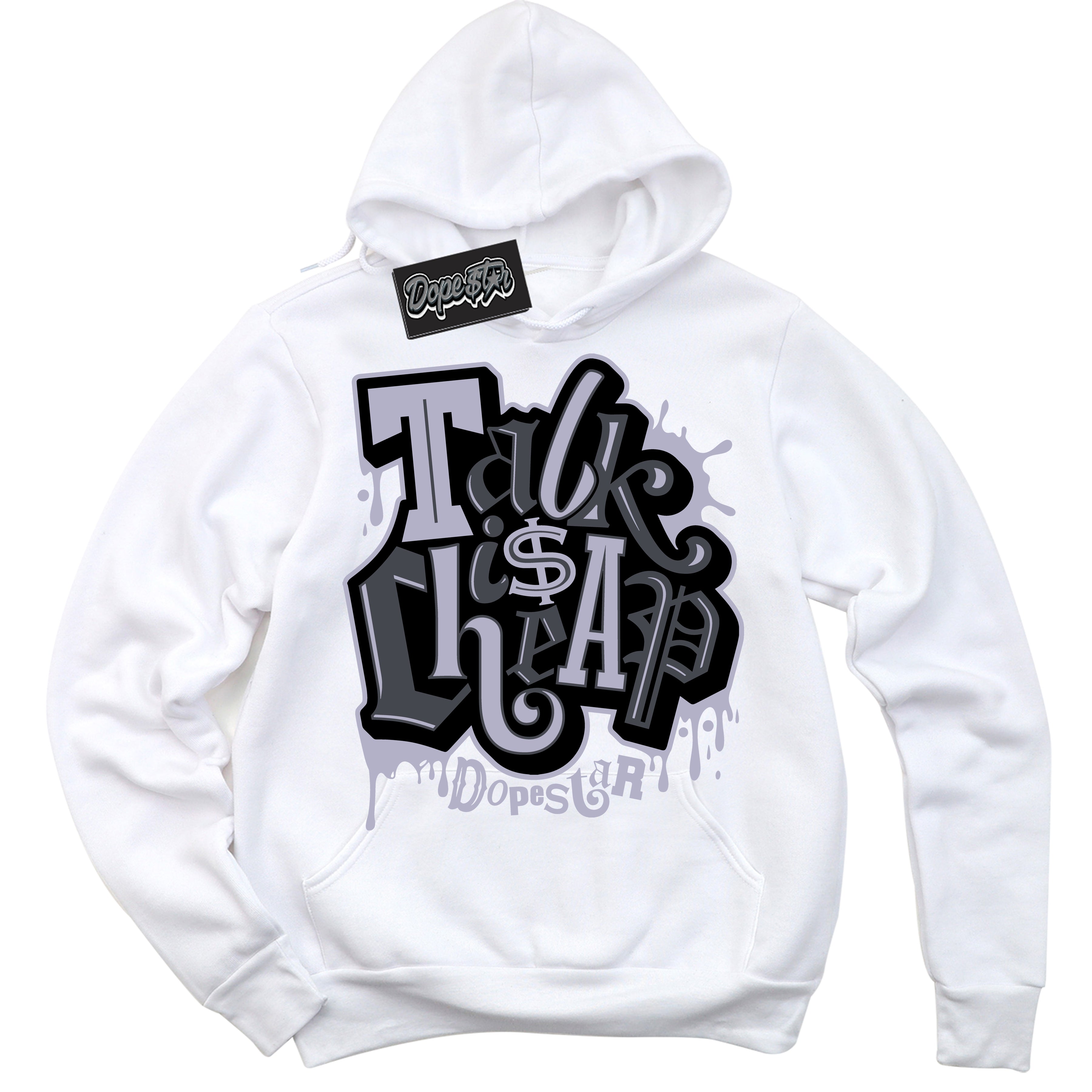 Cool White Hoodie with “ Talk Is Cheap ” design that Perfectly Matches Winterized Gunsmoke 8s Sneakers.