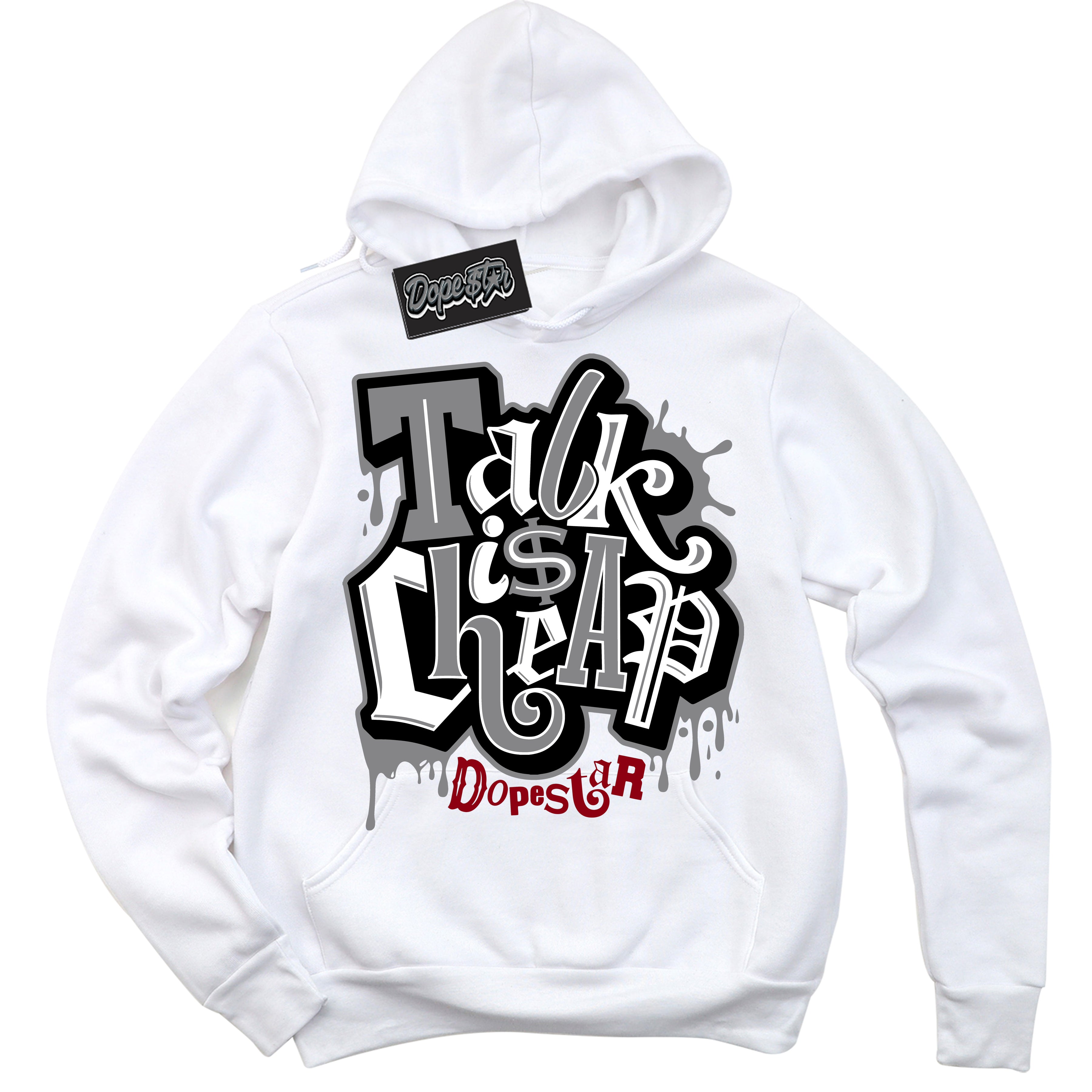 Cool White Hoodie with “ Talk Is Cheap ” design that Perfectly Matches Particle Grey 9s Sneakers.