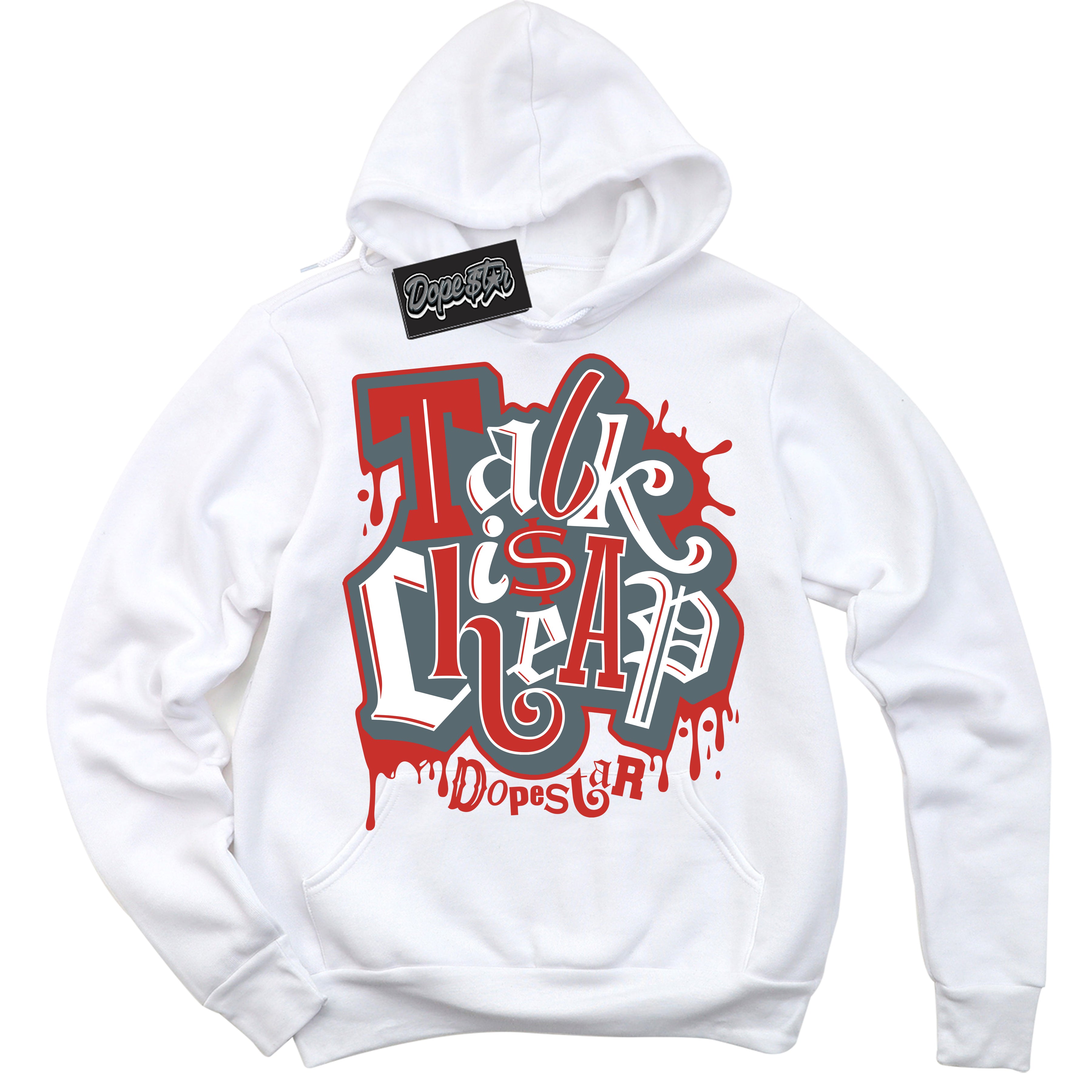 Cool White Hoodie with “ Talk Is Cheap ” design that Perfectly Matches Red Fire 9s Sneakers.