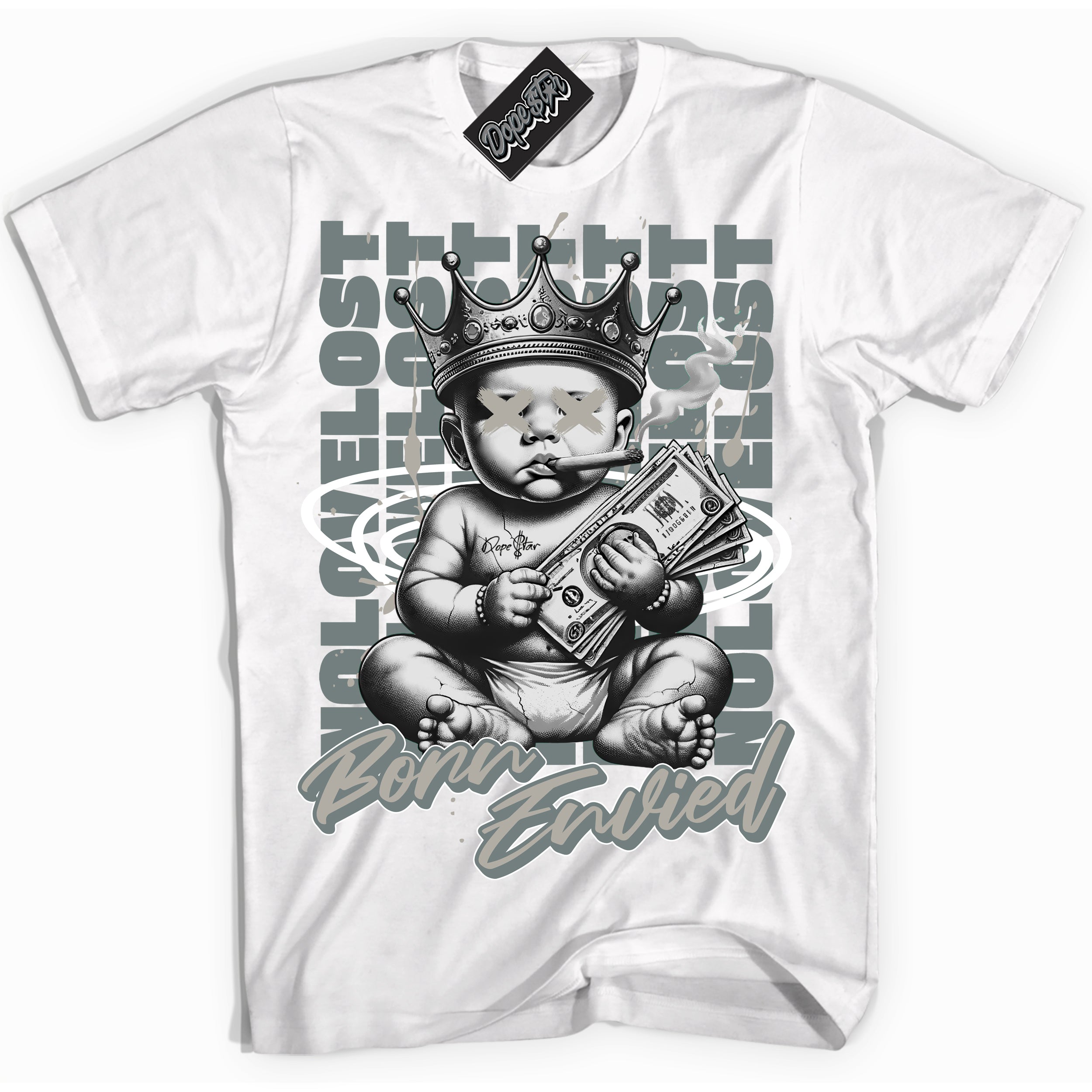 AJ9 Retro Cool Grey ‘Born Envied’ – White Streetwear T-Shirt | Sneaker Matching shirt for AJ9 Retro Cool Grey | Men's and Women's Streetwear Graphic Tee by Sneaker Shirts Outlet.