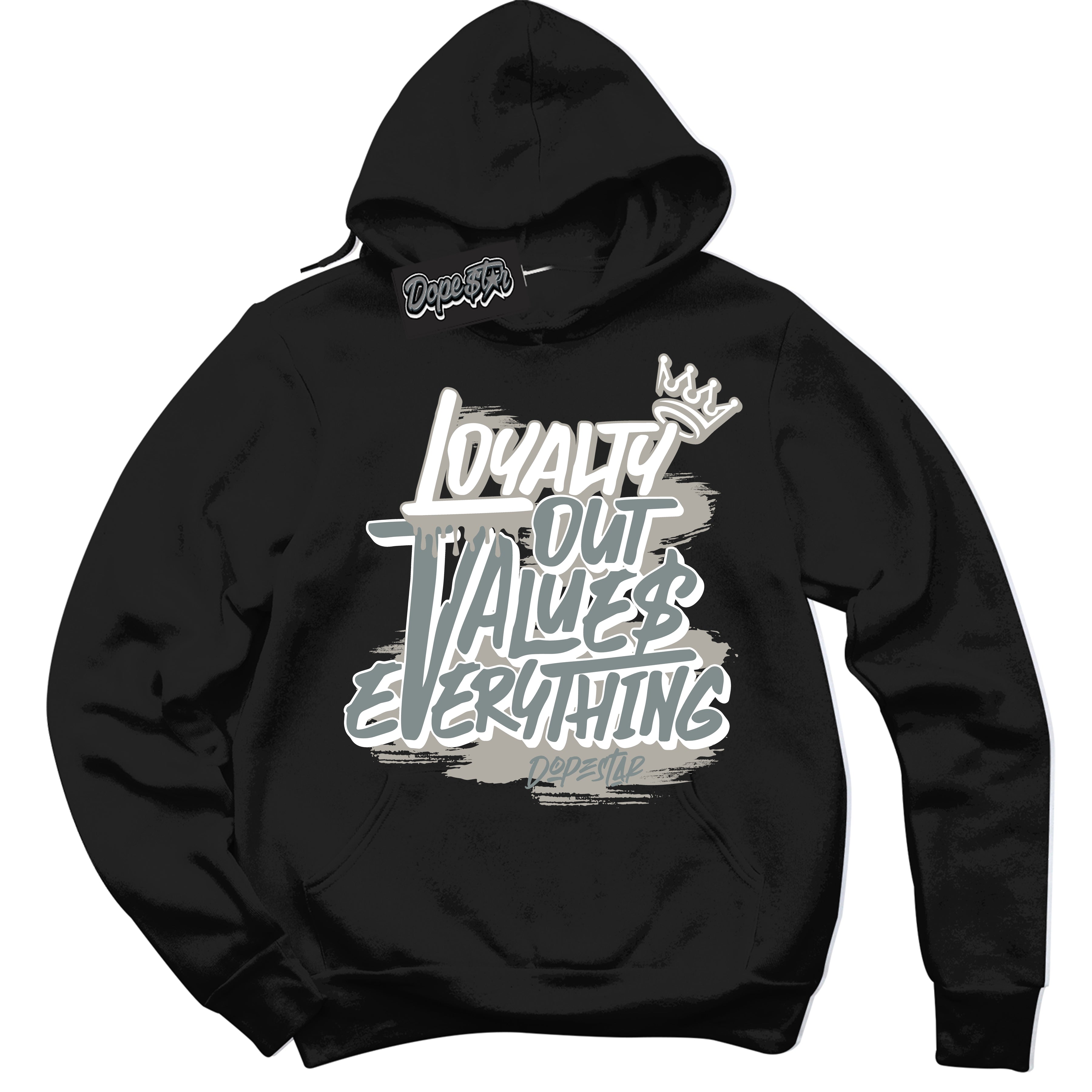 AJ9 Retro Cool Grey ‘Loyalty Out Values Everything’ – Black Streetwear Hoodie | Sneaker Matching sweatshirt for AJ9 Retro Cool Grey | Men's and Women's Streetwear Graphic Hoodie by Sneaker Shirts Outlet