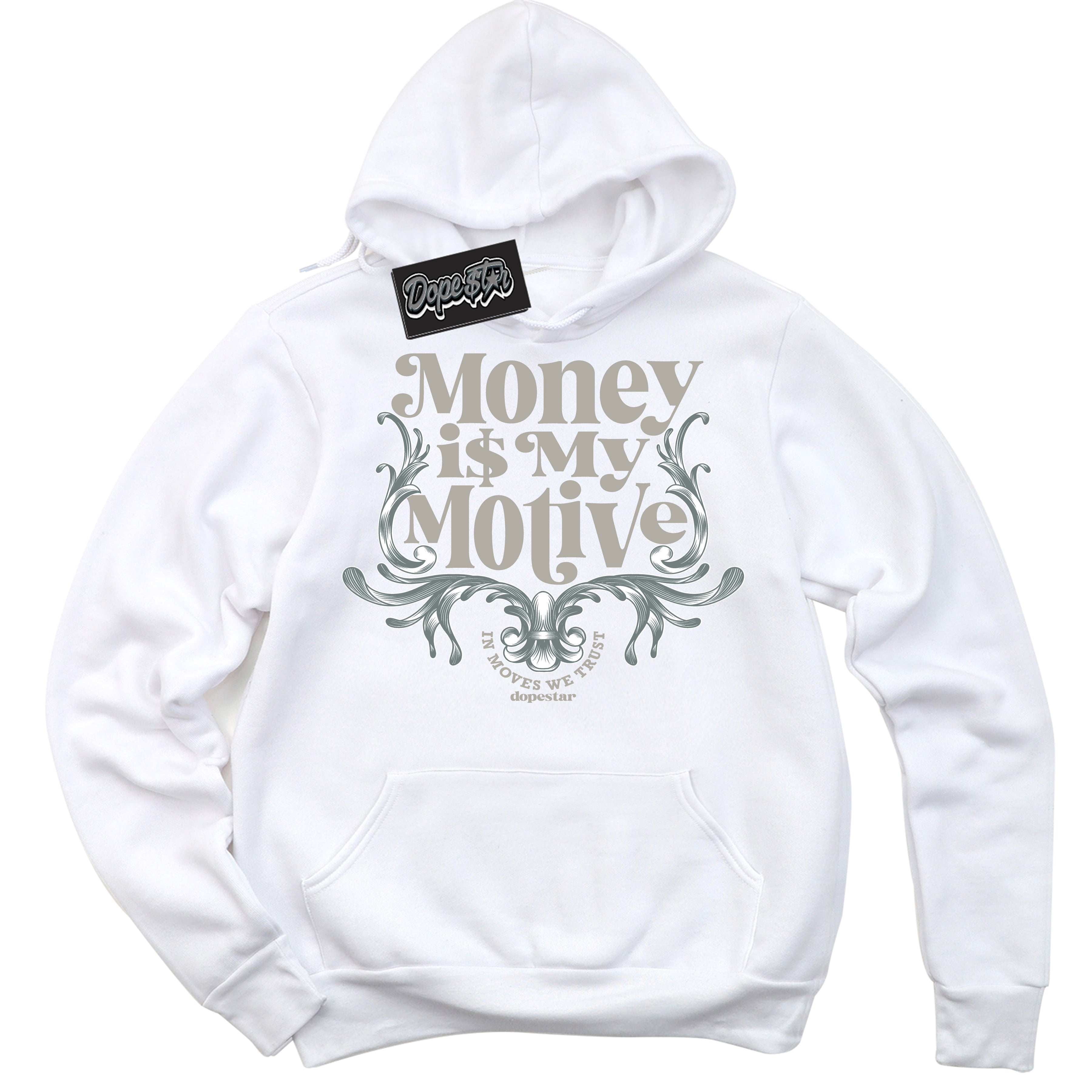 AJ9 Retro Cool Grey ‘Money Is My Motive’ – White Streetwear Hoodie | Sneaker Matching sweatshirt for AJ9 Retro Cool Grey | Men's and Women's Streetwear Graphic Hoodie by Sneaker Shirts Outlet