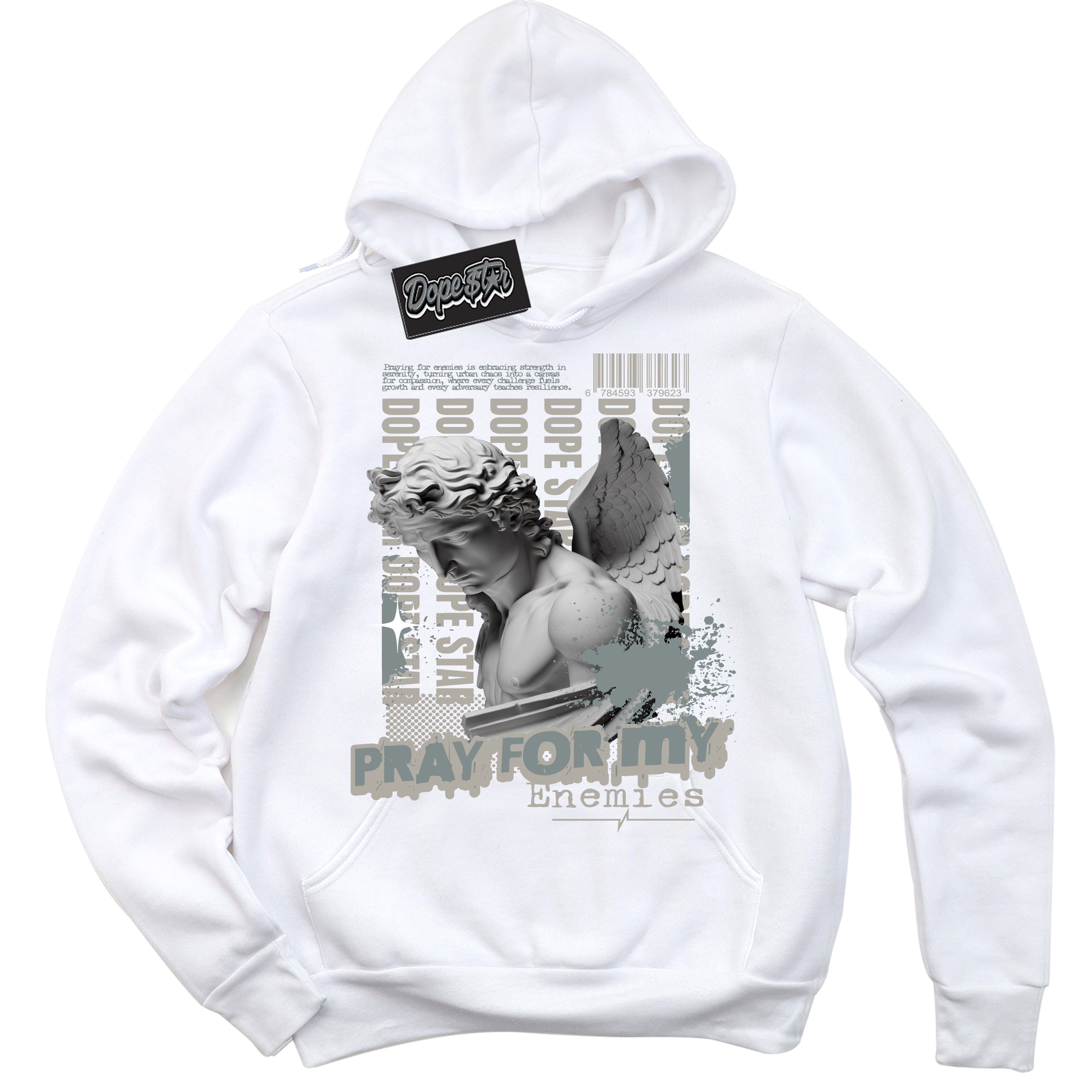 AJ9 Retro Cool Grey ‘Pray Enemies’ – White Streetwear Hoodie | Sneaker Matching sweatshirt for AJ9 Retro Cool Grey | Men's and Women's Streetwear Graphic Hoodie by Sneaker Shirts Outlet