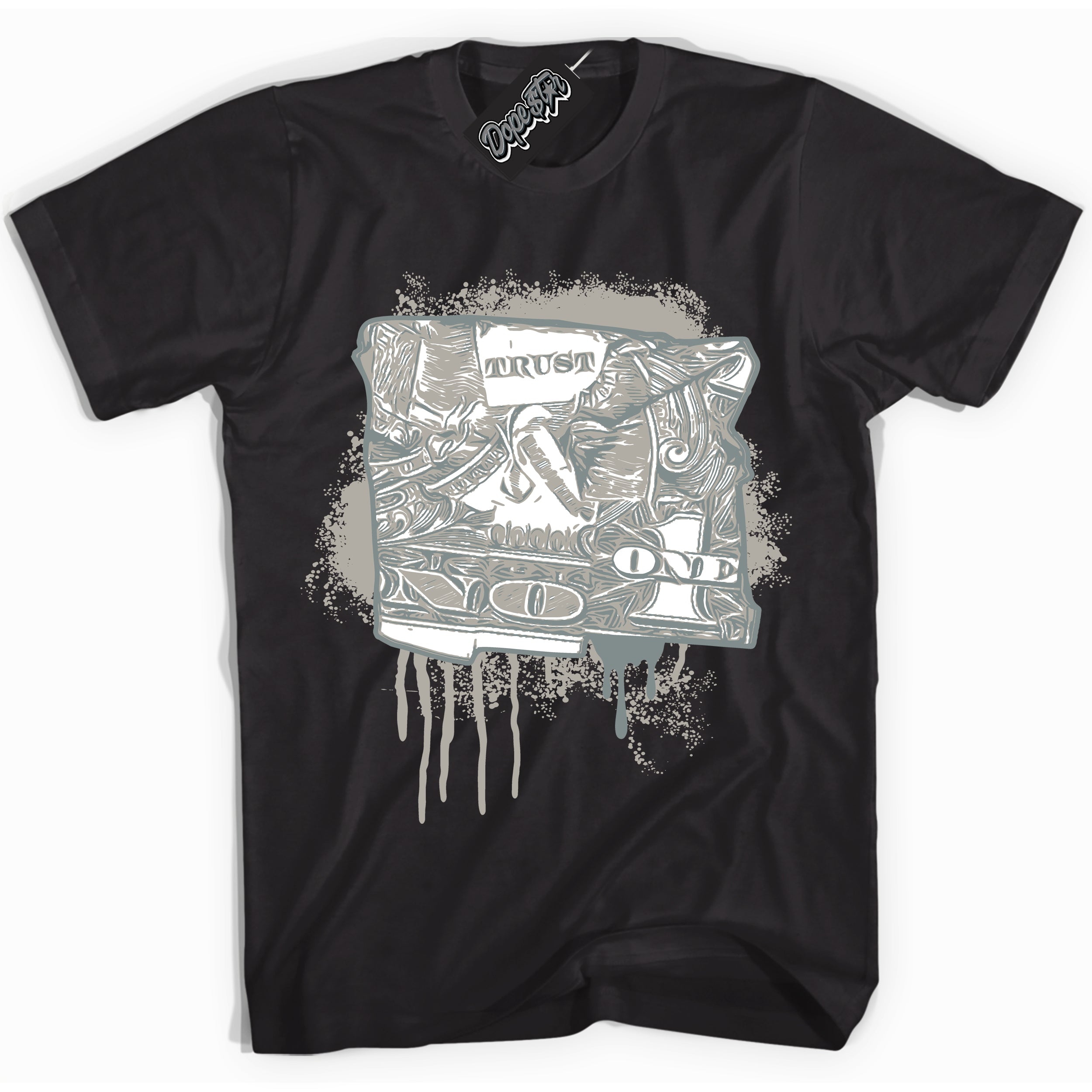 AJ9 Retro Cool Grey ‘Trust No One Dollar’ – Black Streetwear T-Shirt | Sneaker Matching shirt for AJ9 Retro Cool Grey | Men's and Women's Streetwear Graphic Tee by Sneaker Shirts Outlet.