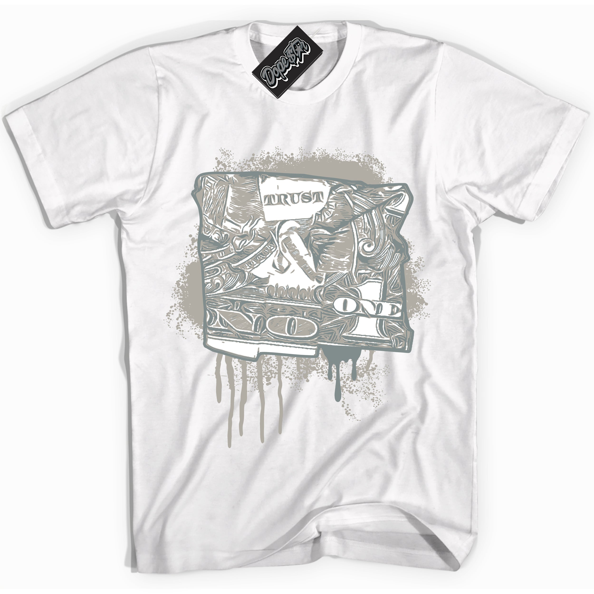 AJ9 Retro Cool Grey ‘Trust No One Dollar’ – White Streetwear T-Shirt | Sneaker Matching shirt for AJ9 Retro Cool Grey | Men's and Women's Streetwear Graphic Tee by Sneaker Shirts Outlet.