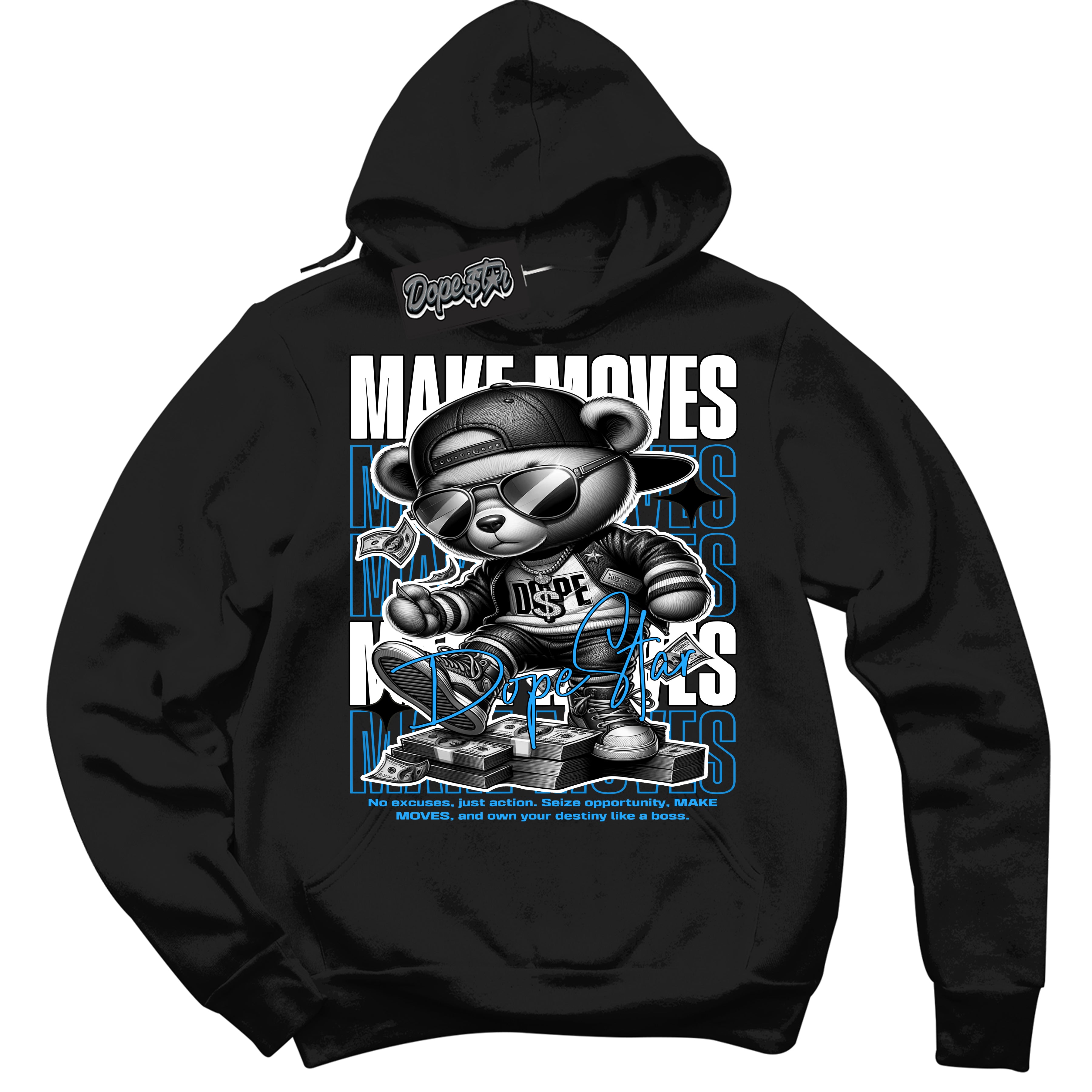 Cool Black Hoodie with “ Makin Moves ” design that Perfectly Matches Powder Blue 9s Sneakers.